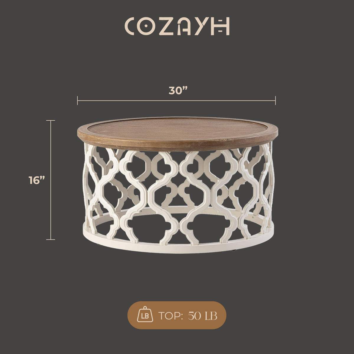 COZAYH Farmhouse Round Coffee Table, Distressed Wood Tray Top for Home, White (Open Box)