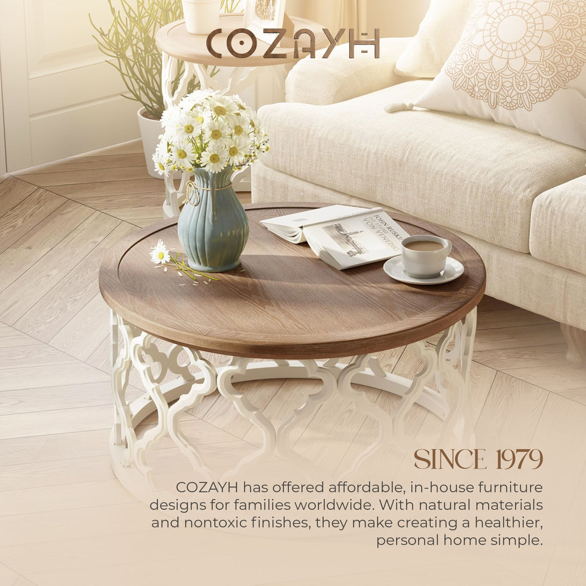 COZAYH Farmhouse Round Coffee Table, Distressed Wood Tray Top for Home, White (Open Box)