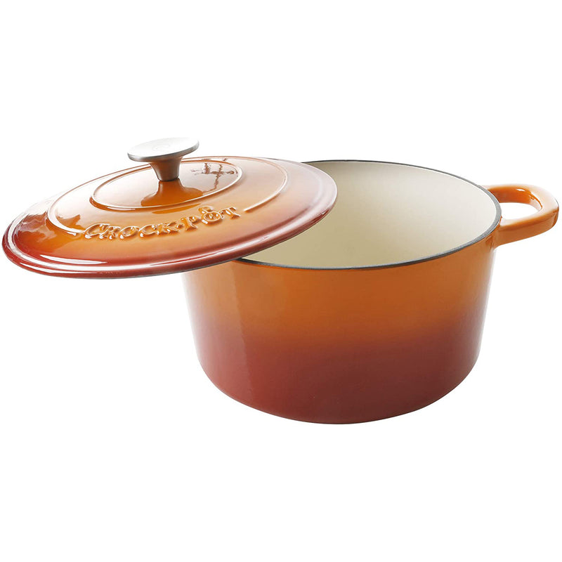 Crock-Pot 5 Qt Round Enamel Cast Iron Covered Dutch Oven Cooker, Sunset Orange