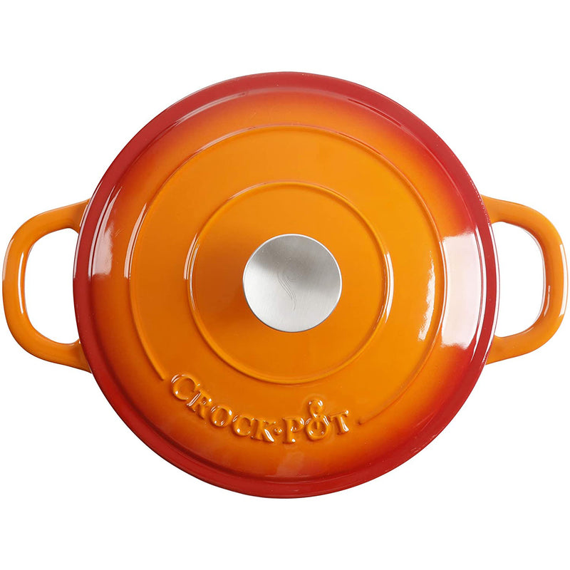 Crock-Pot 5 Qt Round Enamel Cast Iron Covered Dutch Oven Cooker, Sunset Orange