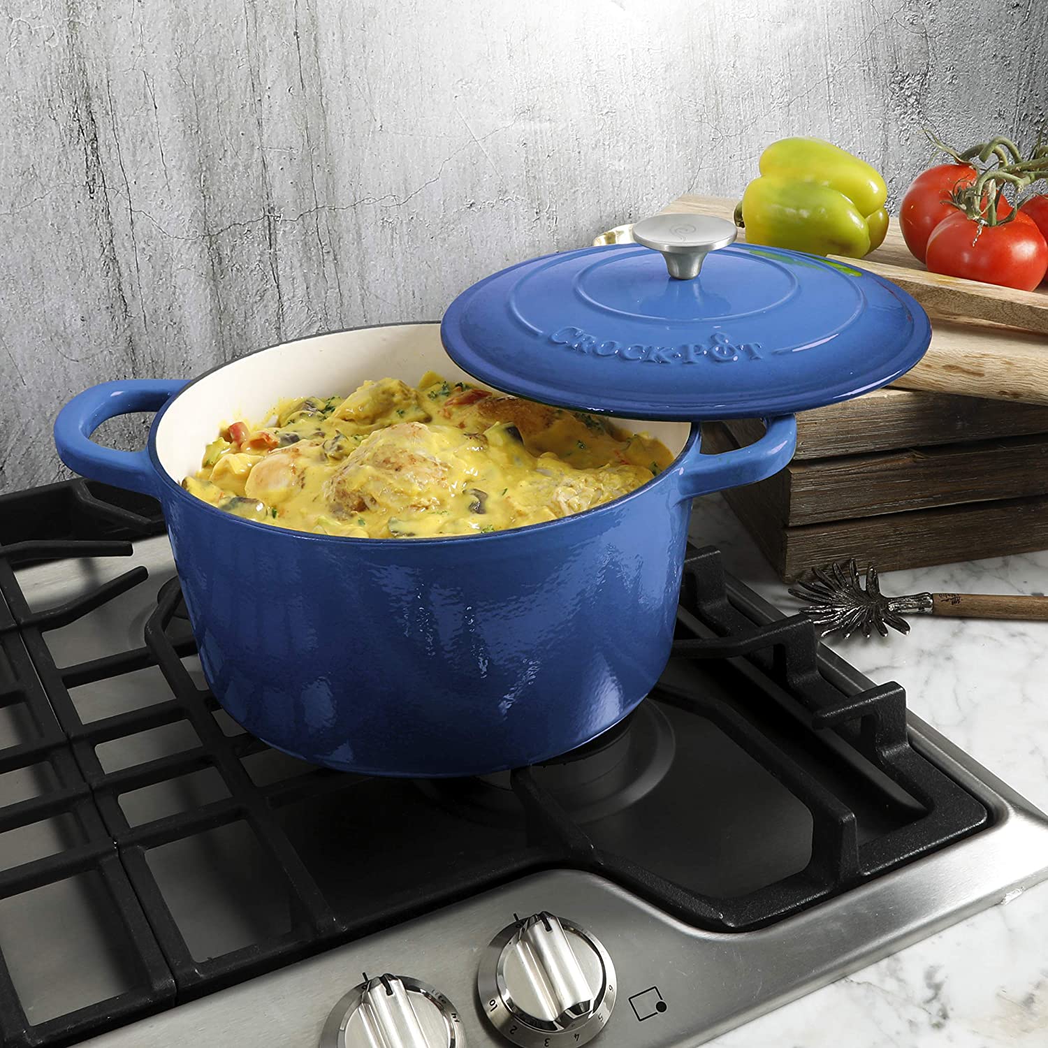 Crock-Pot 5 Quart Enamel Cast Iron Dutch Oven Food Cooker, Blue (Open Box) - VMInnovations