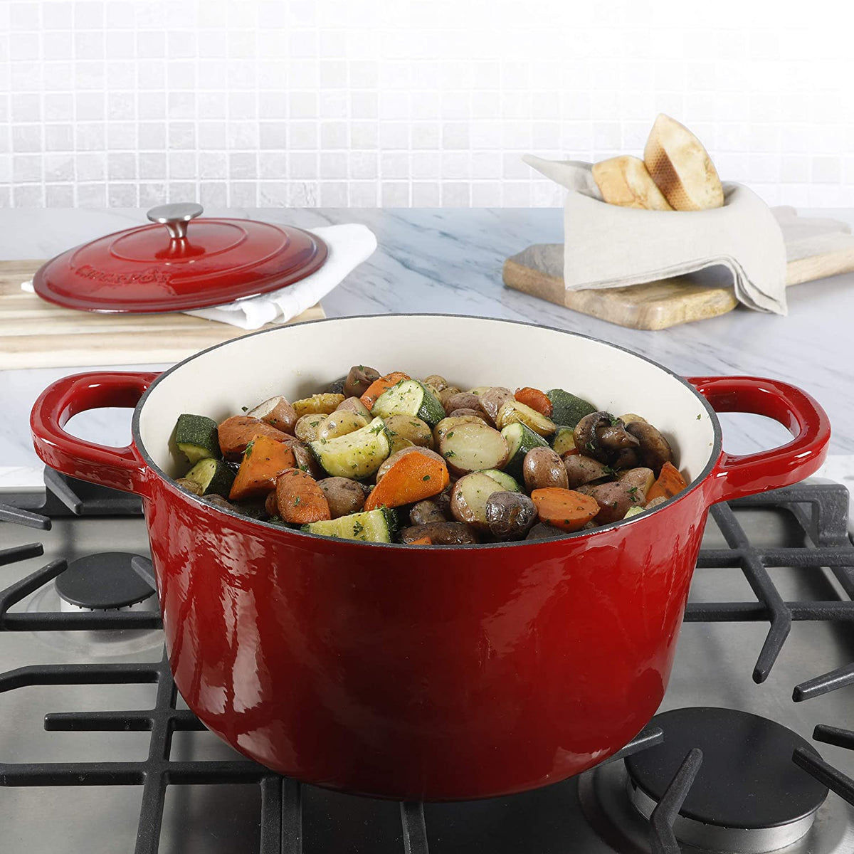 Crock-Pot 7 Quart Round Enamel Cast Iron Covered Dutch Oven Cooker, Scarlet Red