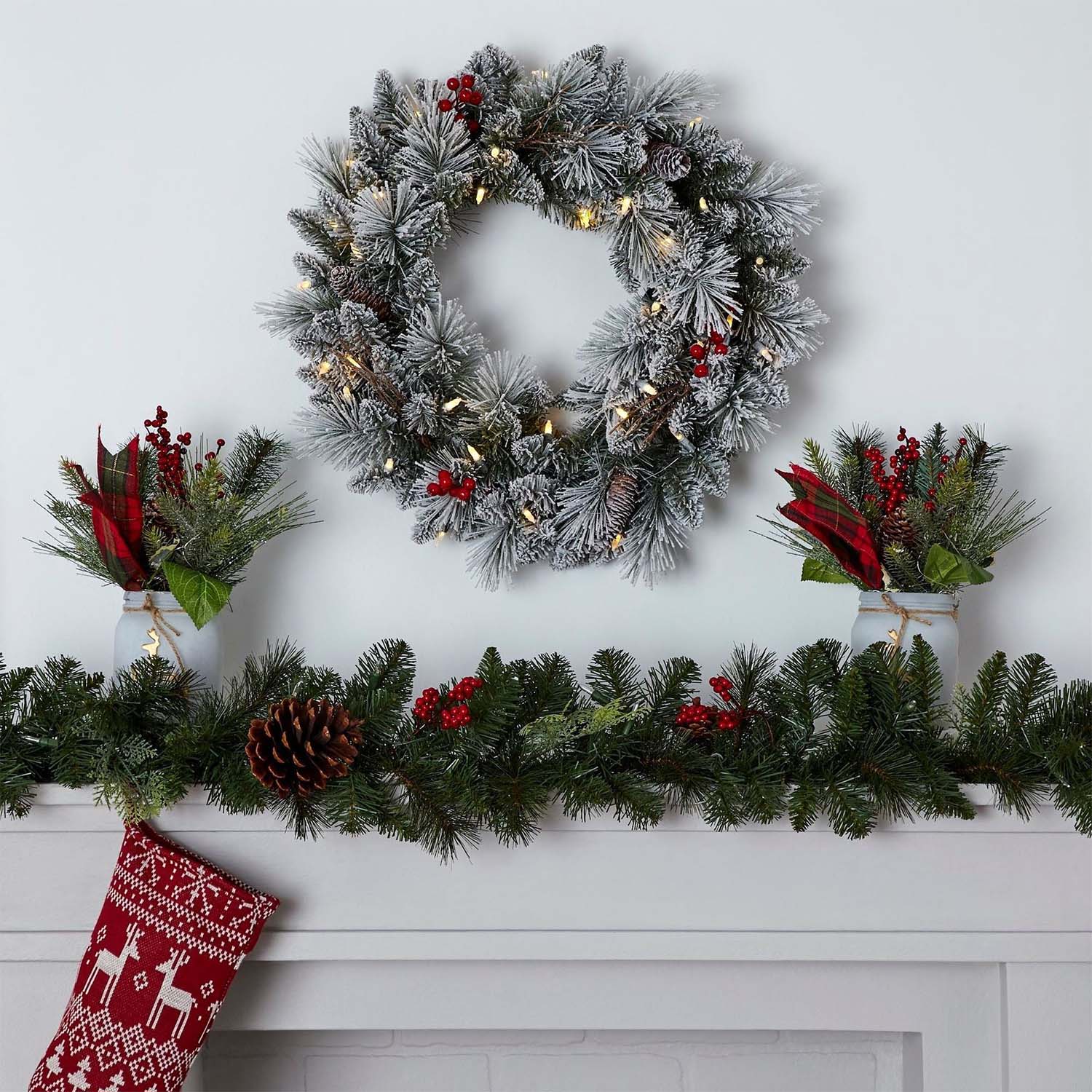 NOMA 24" Pre-Lit LED Flocked Berry Wreath with 35 Warm White Lights(Used) - VMInnovations