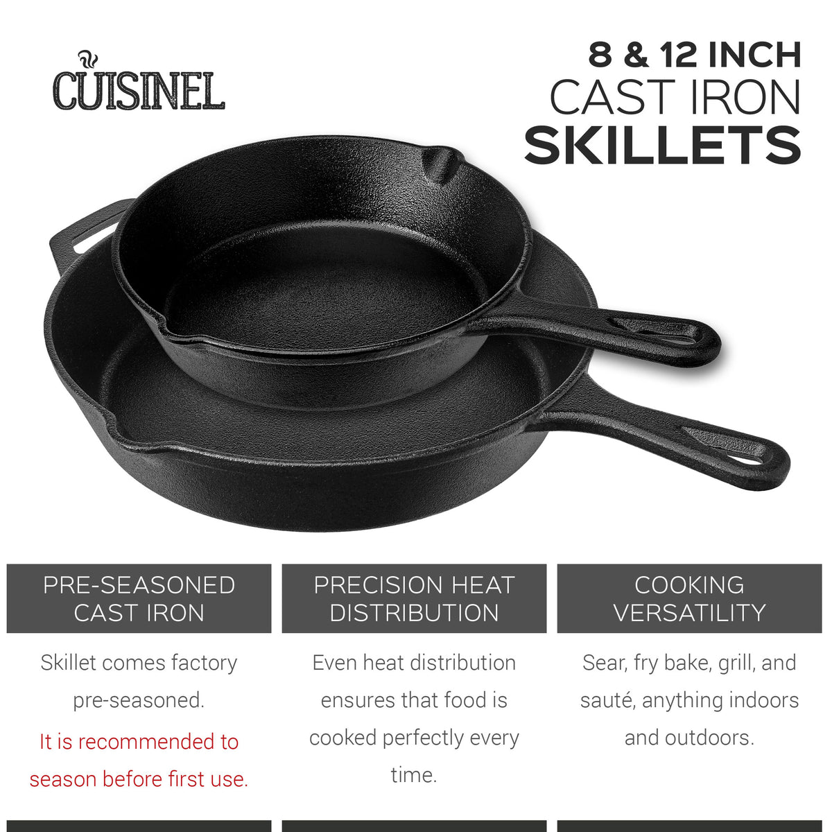 Cuisinel 8 & 12 Inch Pre Seasoned Cast Iron Skillet Set w/ Handle Cover (Used)