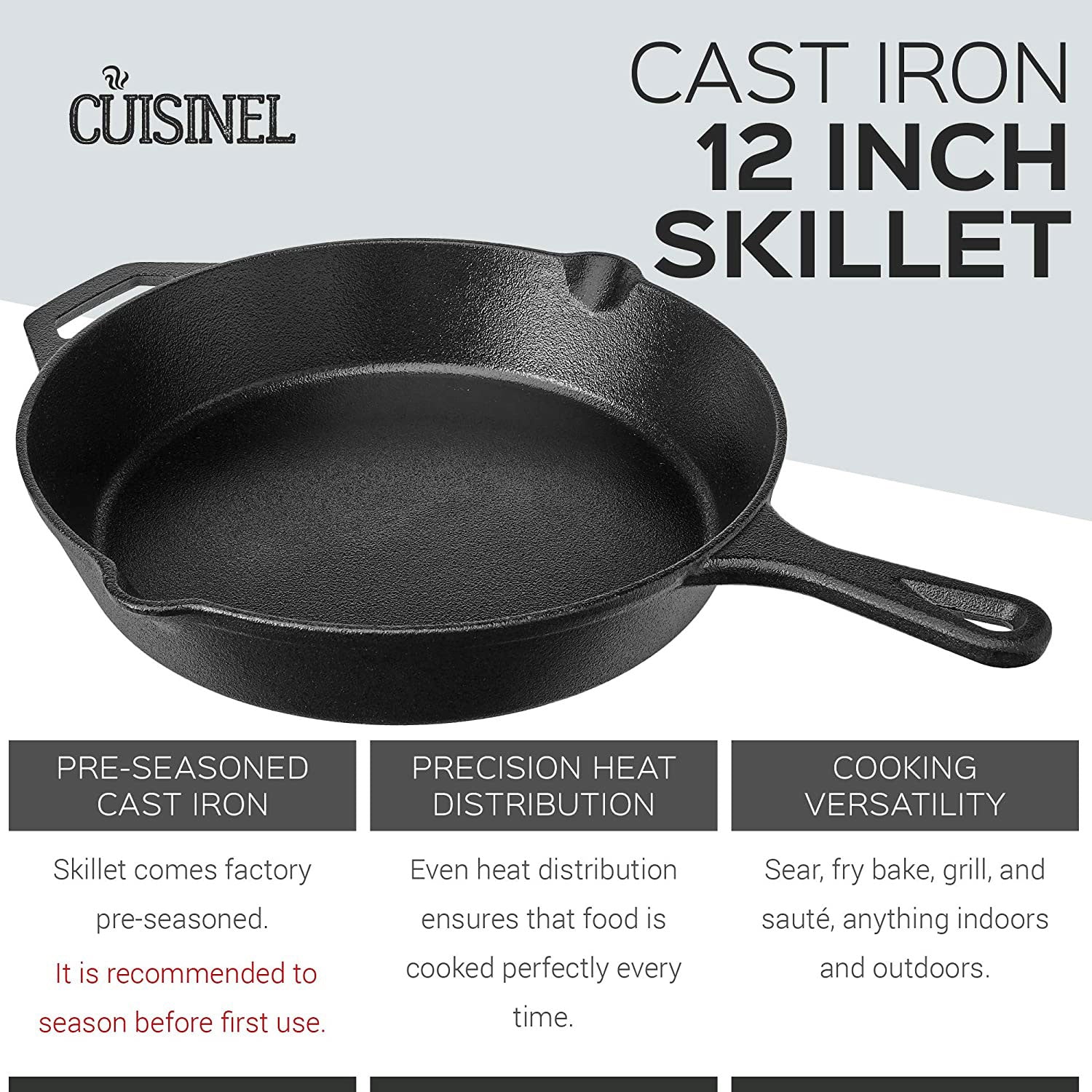 Cuisinel 12 Inch Pre Seasoned Cast Iron Skillet w/ Lid & Handle Cover(For Parts)