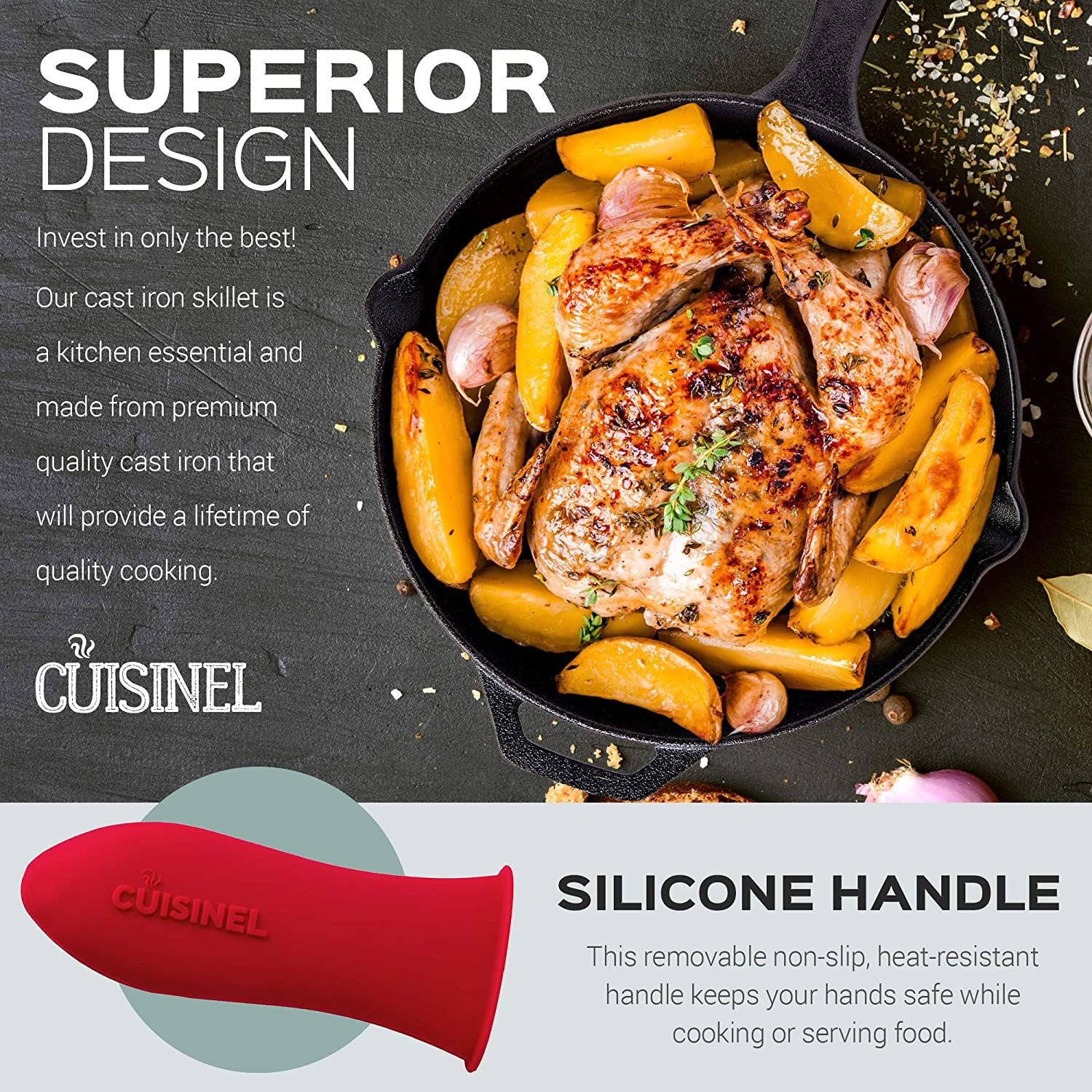 Cuisinel 12 Inch Pre Seasoned Cast Iron Skillet w/ Lid & Handle Cover (Open Box)