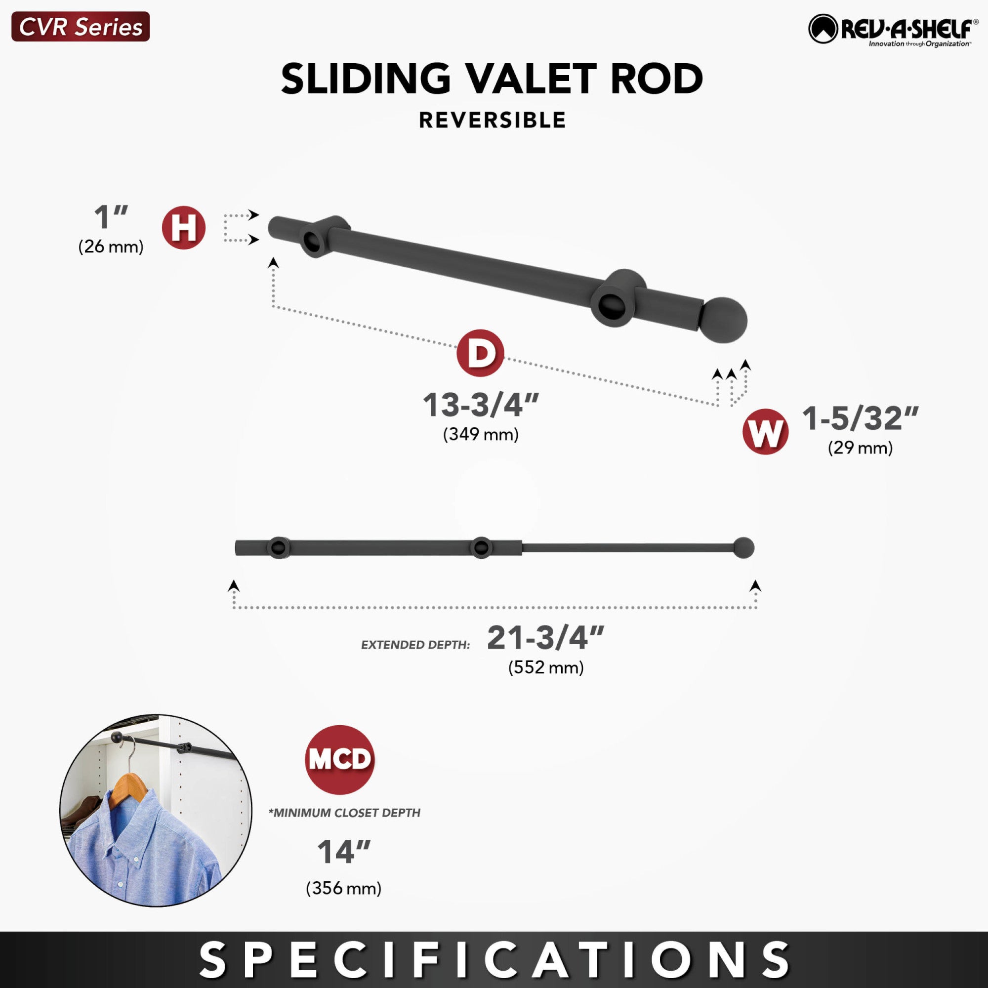 Rev-A-Shelf 14" Sliding Valet Rod for Custom Closet Systems, Chrome, CVR-14-CR