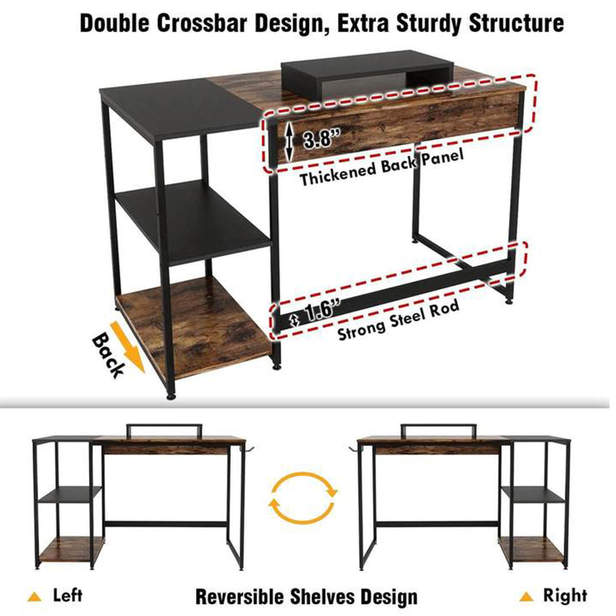Nost & Host Computer Office Desk Workstation with Storage Shelves, Rustic Brown - VMInnovations