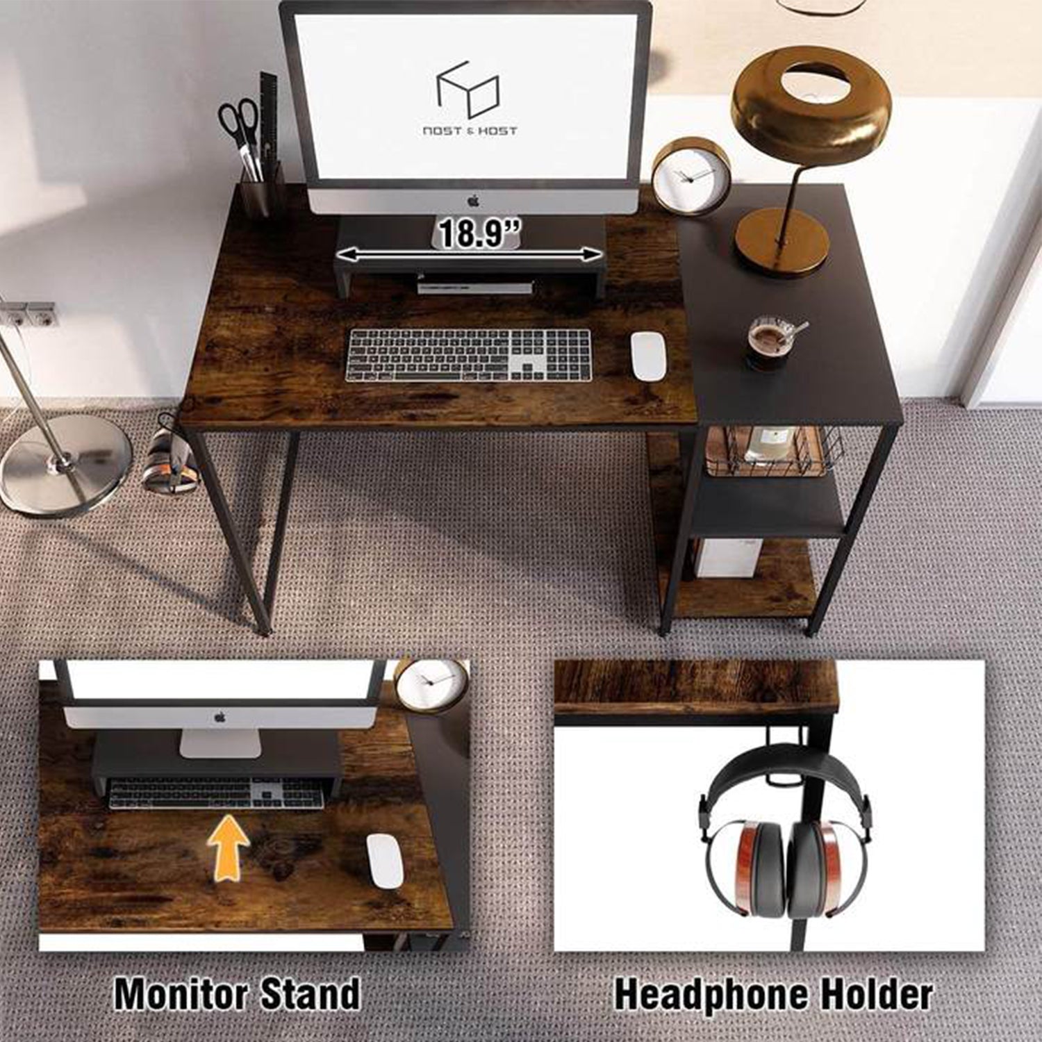 Nost & Host Computer Office Desk Workstation with Storage Shelves, Rustic Brown - VMInnovations