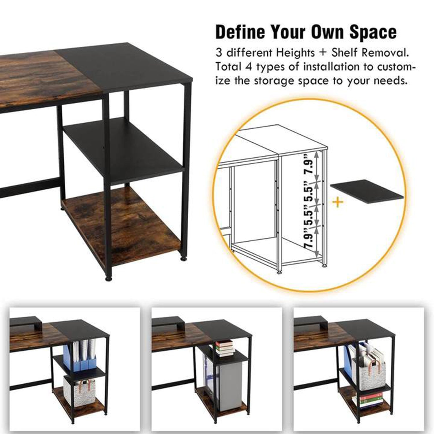 Nost & Host Office Desk Workstation with Storage Shelves, Rustic Brown(Open Box) - VMInnovations
