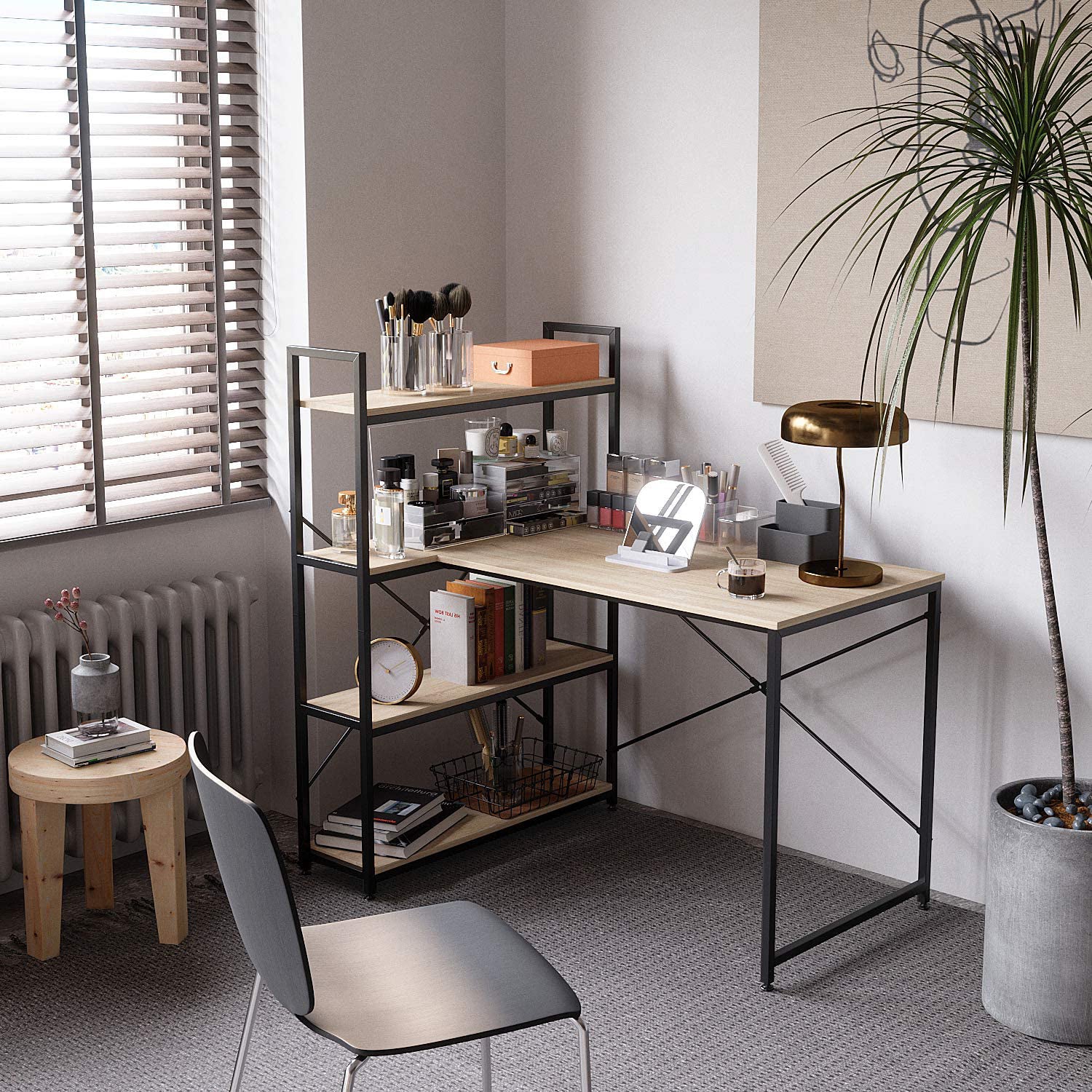 Nost & Host L Shaped Contemporary Home Office Computer Desk with Shelves, Oak - VMInnovations