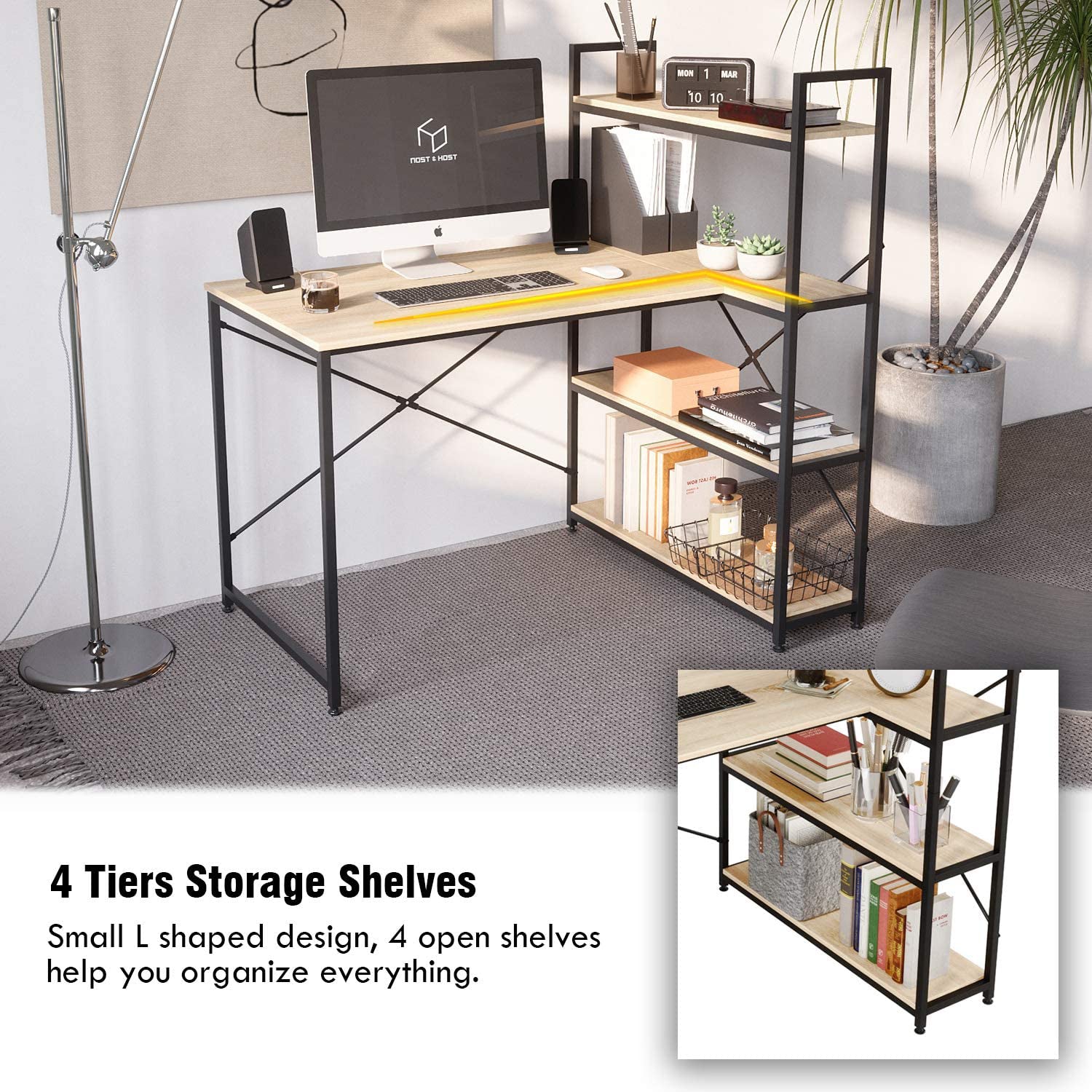 Nost & Host L Shaped Contemporary Home Office Computer Desk with Shelves, Oak - VMInnovations