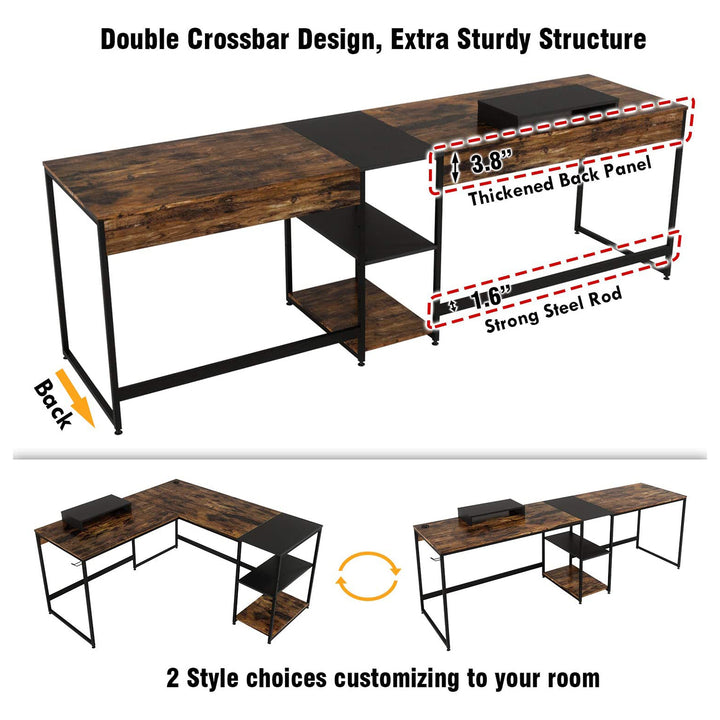 Bestier Industrial Customizable L Shaped Corner or Long Office Study Desk, Brown - VMInnovations