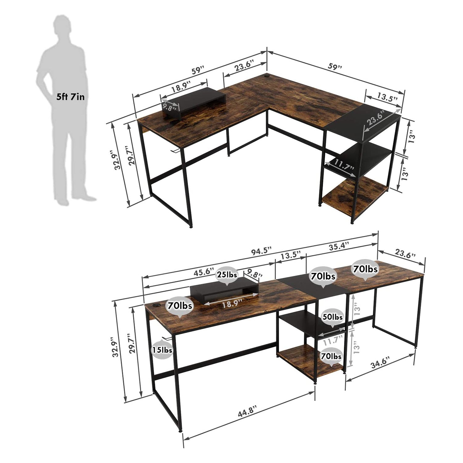 Bestier Industrial Customizable L Shaped Corner or Long Office Study Desk (Used) - VMInnovations
