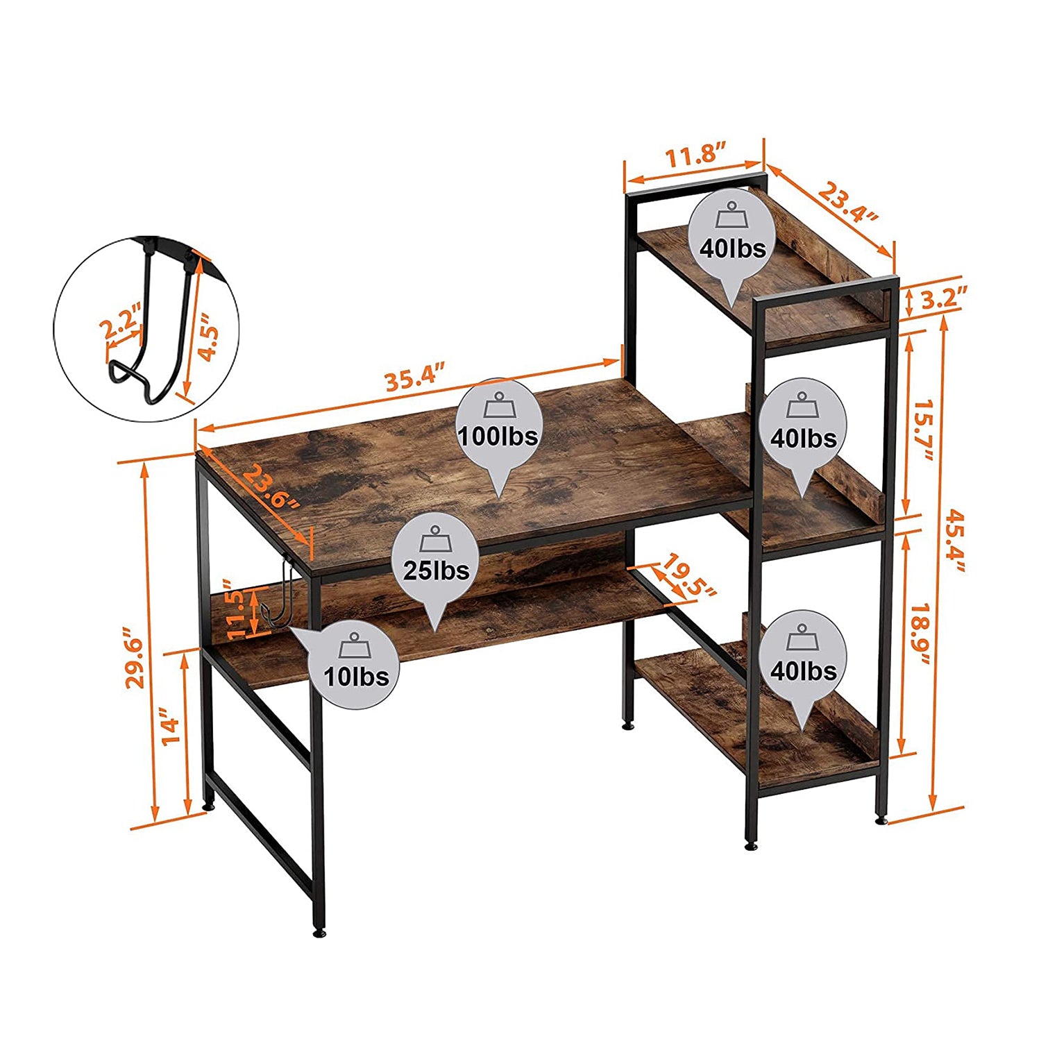 Bestier Computer Office Desk Workstation w/ Storage Shelves & Hook, Rustic Brown - VMInnovations