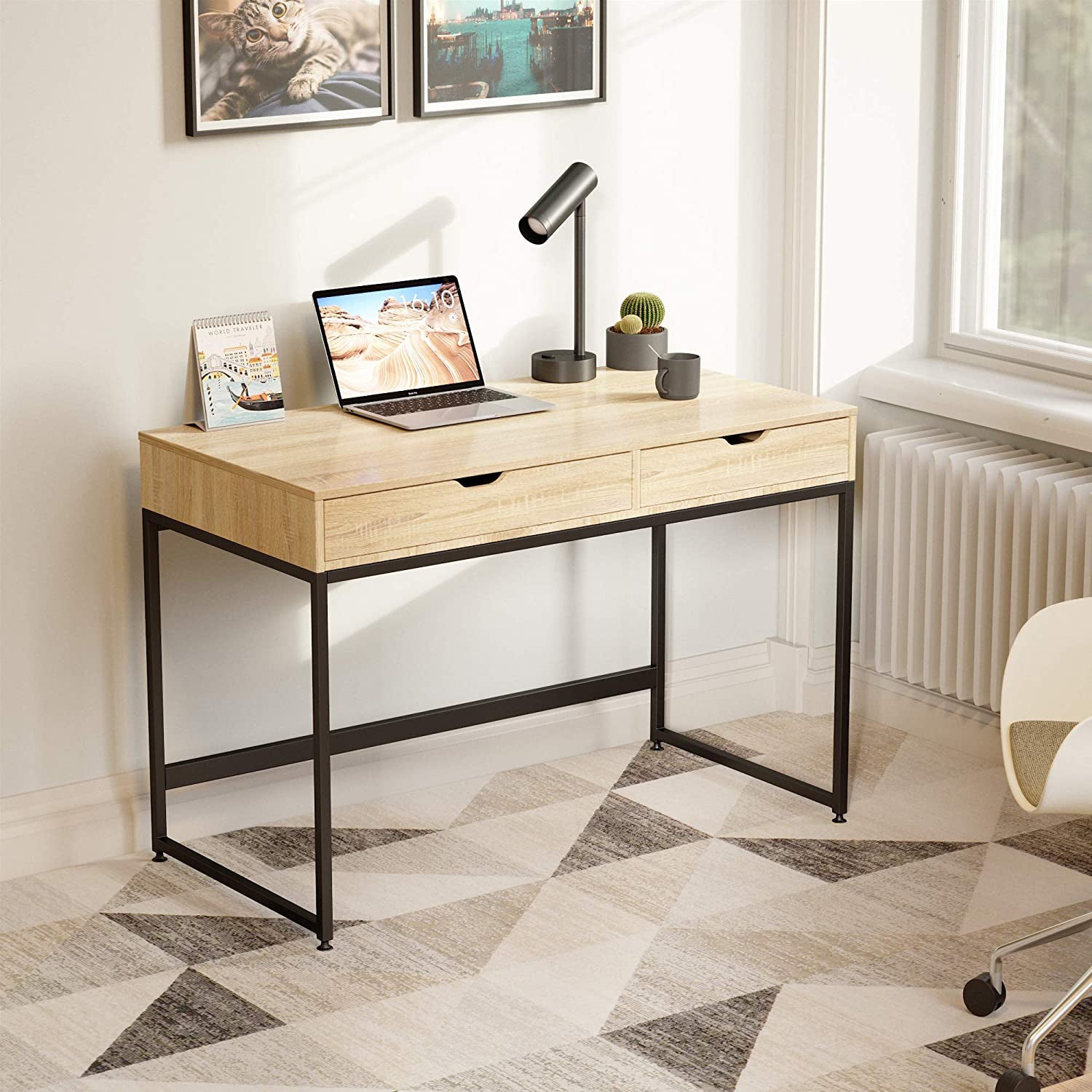 Bestier Office Writing Computer Workstation Desk w/ 2 Drawers, 43.3", Oak (Used) - VMInnovations