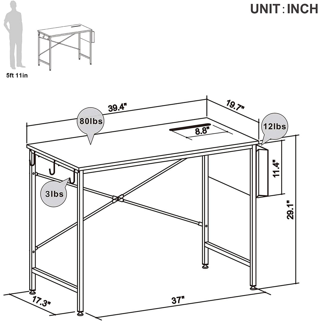 Bestier Computer Office Desk Workstation with Storage Bag & Hook, Gray, 39 Inch - VMInnovations