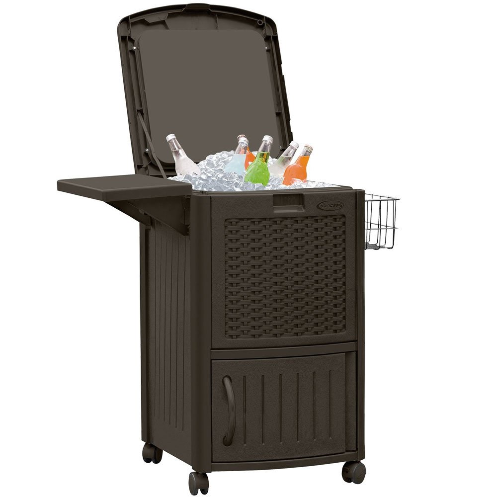 Suncast 77 Quart Resin Beverage Cart, Java & Suncast 33 Gallon Resin Trash Can