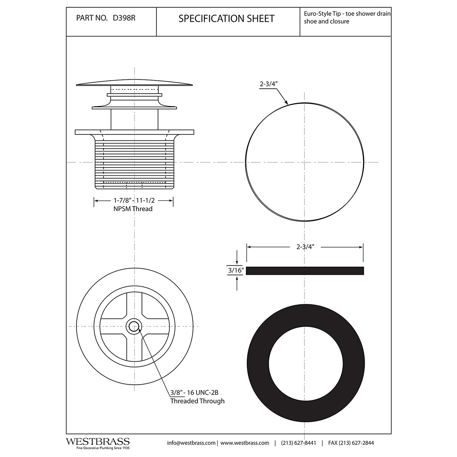 Westbrass 1.5" Mushroom Cap Coarse Thread Tiptoe Bathtub Drain, Black (Open Box) - VMInnovations