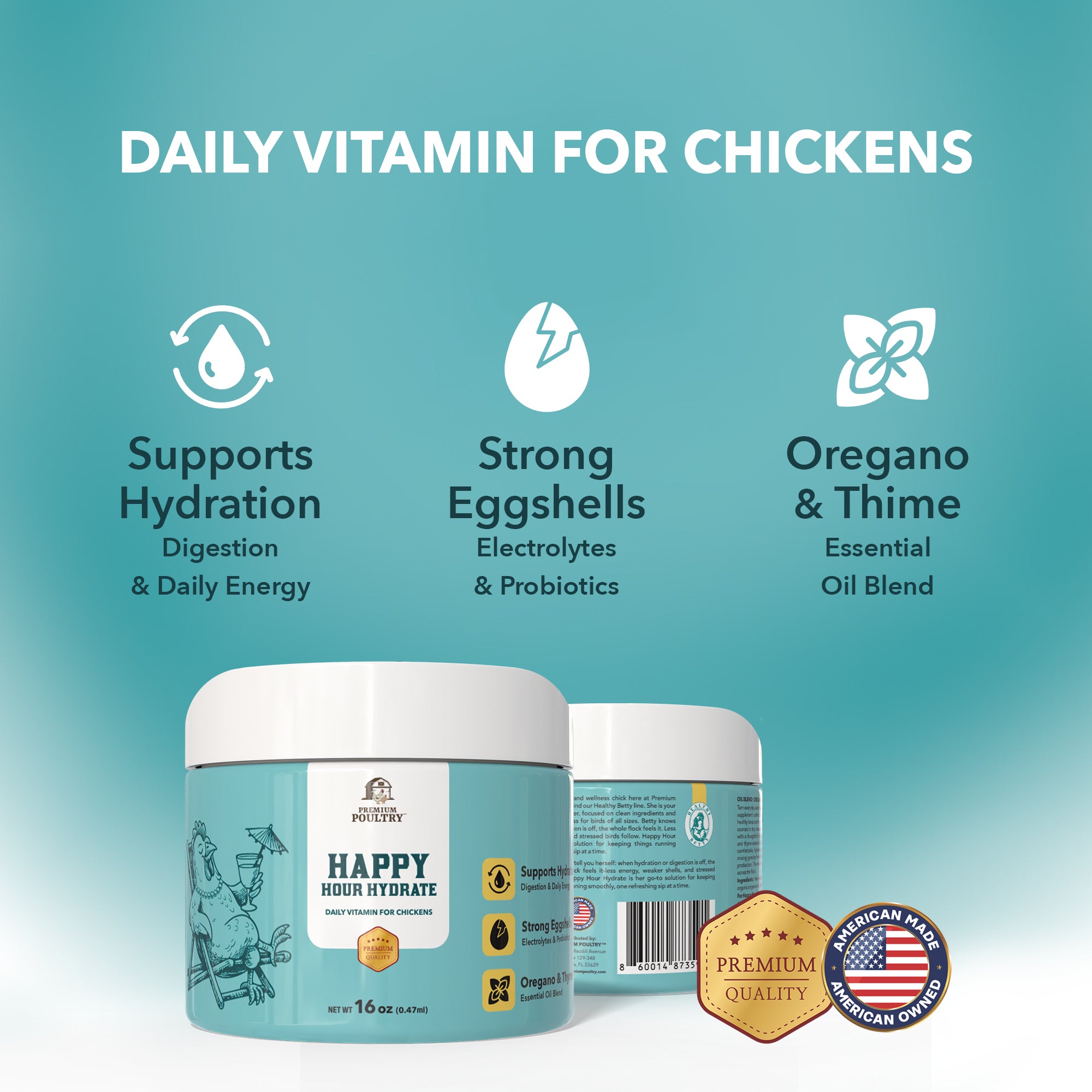 Premium Poultry Happy Hour Hydrate, Electrolytes & Probiotics for Chickens, 16oz