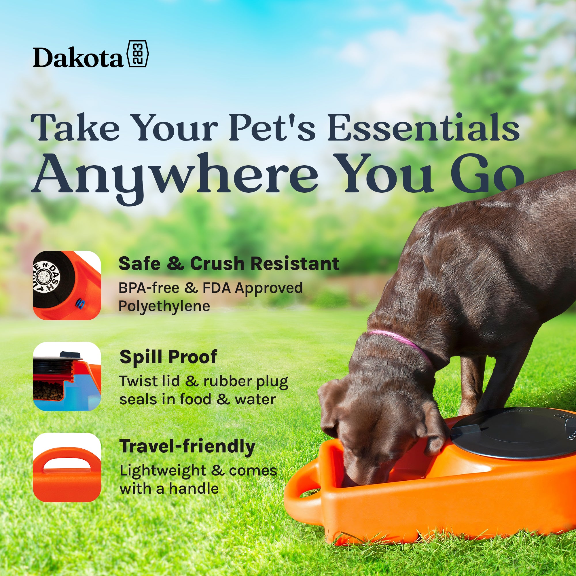 Dakota 283 Dine N Dash Large Pets Feeding and Watering System with Lid, Orange - VMInnovations