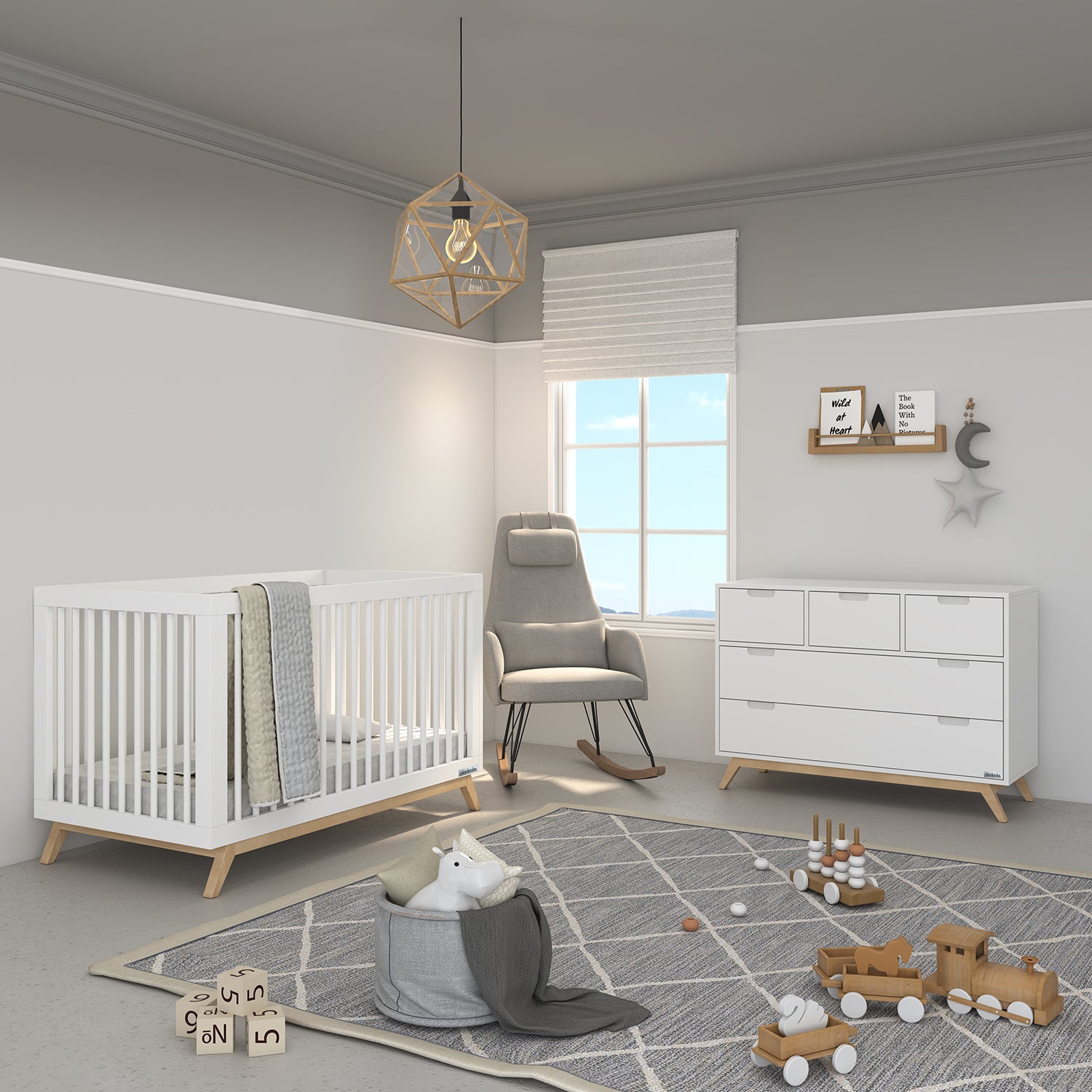 dadada Soho 3 in 1 Solid Wood Convertible Crib to Toddler Bed, White and Natural