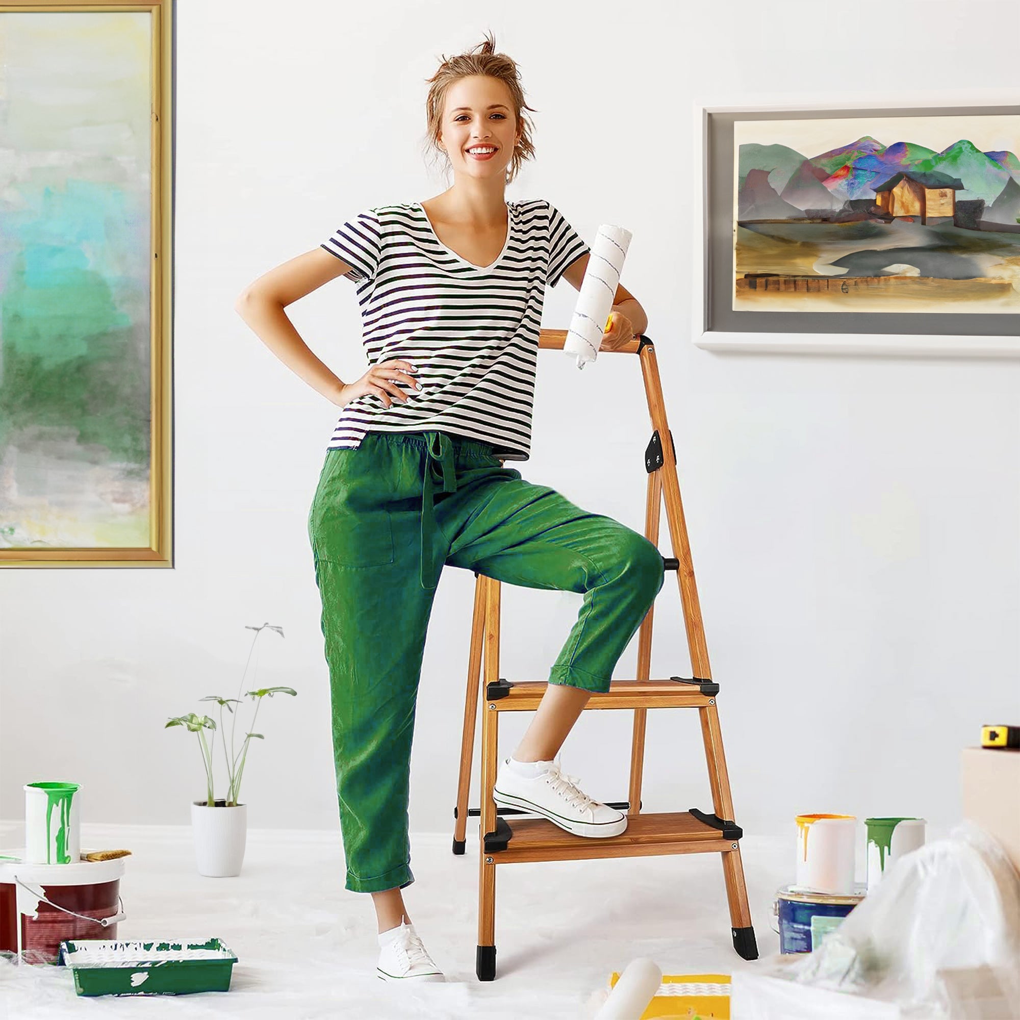 Delxo Folding 3 Step Stool Stepladder w/Long Handrail, Woodgrain Finish (Used) - VMInnovations