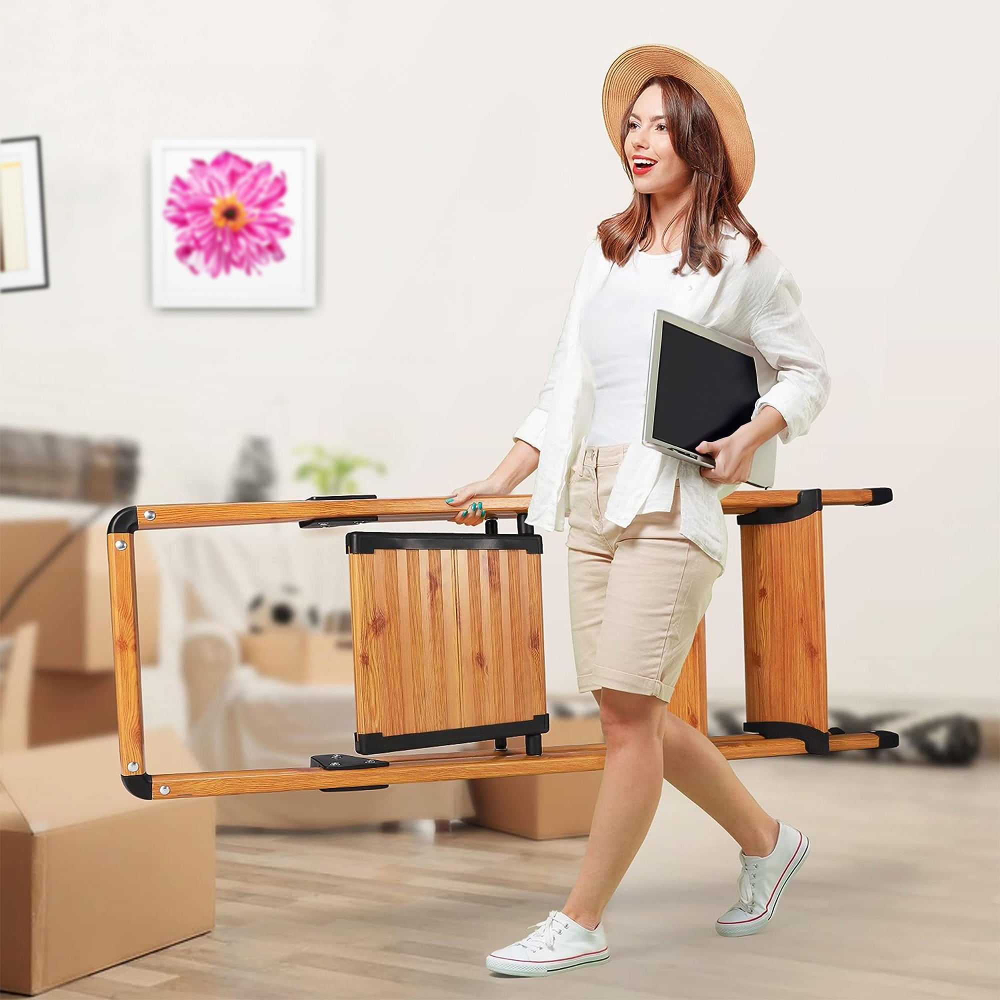 Delxo Folding 3 Step Stool Stepladder w/Long Handrail, Woodgrain(Open Box) - VMInnovations