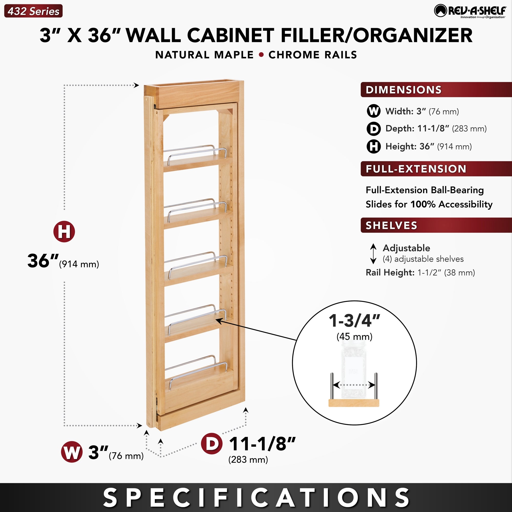 Rev-A-Shelf Pullout Wall Filler Cabinet Wooden Organizer, 36" Hgt, 432-WF36-3C - VMInnovations