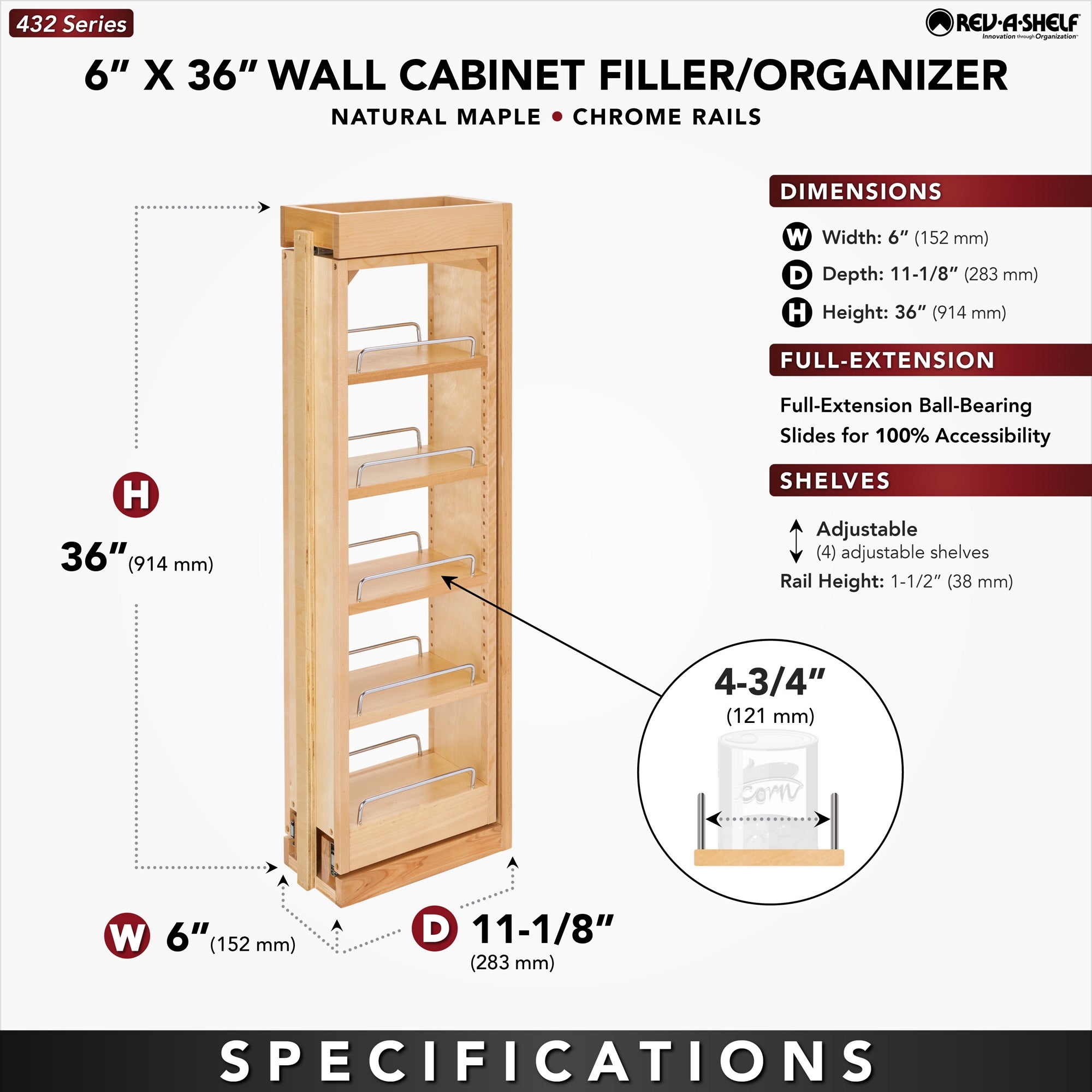 Rev-A-Shelf Pullout Wall Filler Cabinet Wooden Organizer, 36" Hgt, 432-WF36-6C - VMInnovations