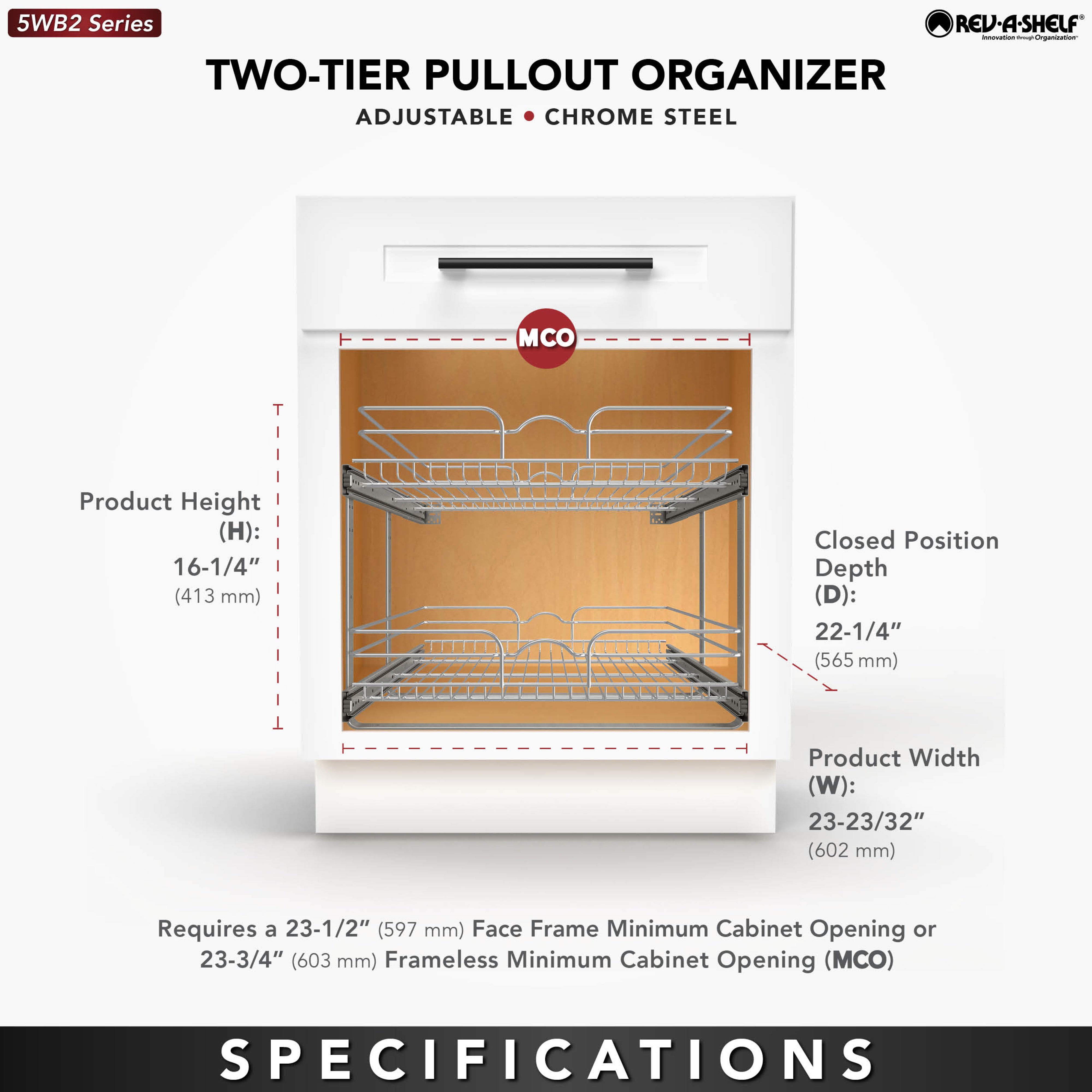Rev-A-Shelf Pullout 2-Tier Basket Organizer for Kitchen or Vanity Cabinets, 24 x 22 In, 5WB2-2422-CR-1