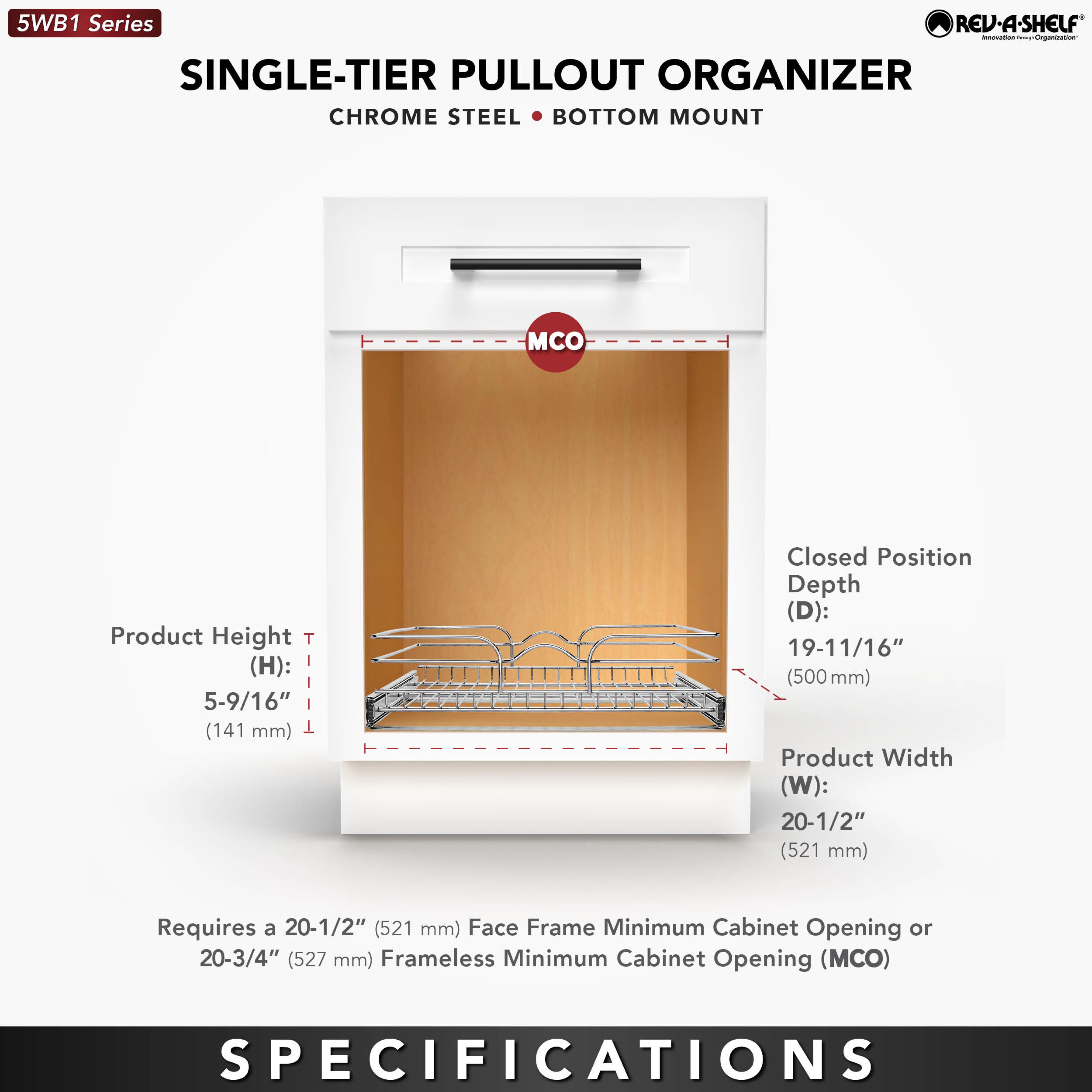 Rev-A-Shelf Pullout Basket Organizer for Kitchen or Vanity Cabinets, 21 x 20 In, 5WB1-2120CR-1 - VMInnovations