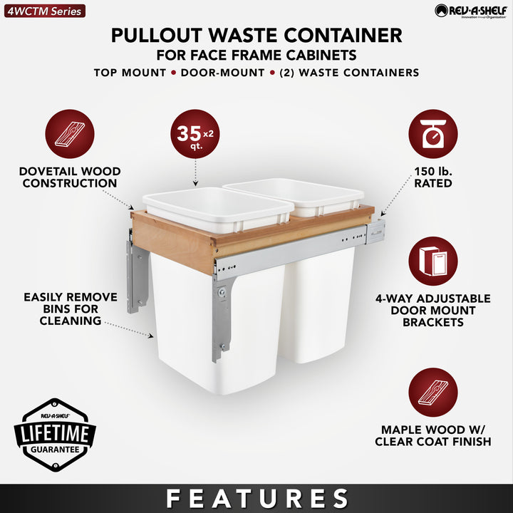 Rev-A-Shelf Double Pullout Top Mount Trash Cans 35 qt., White, 4WCTM-18DM2-162