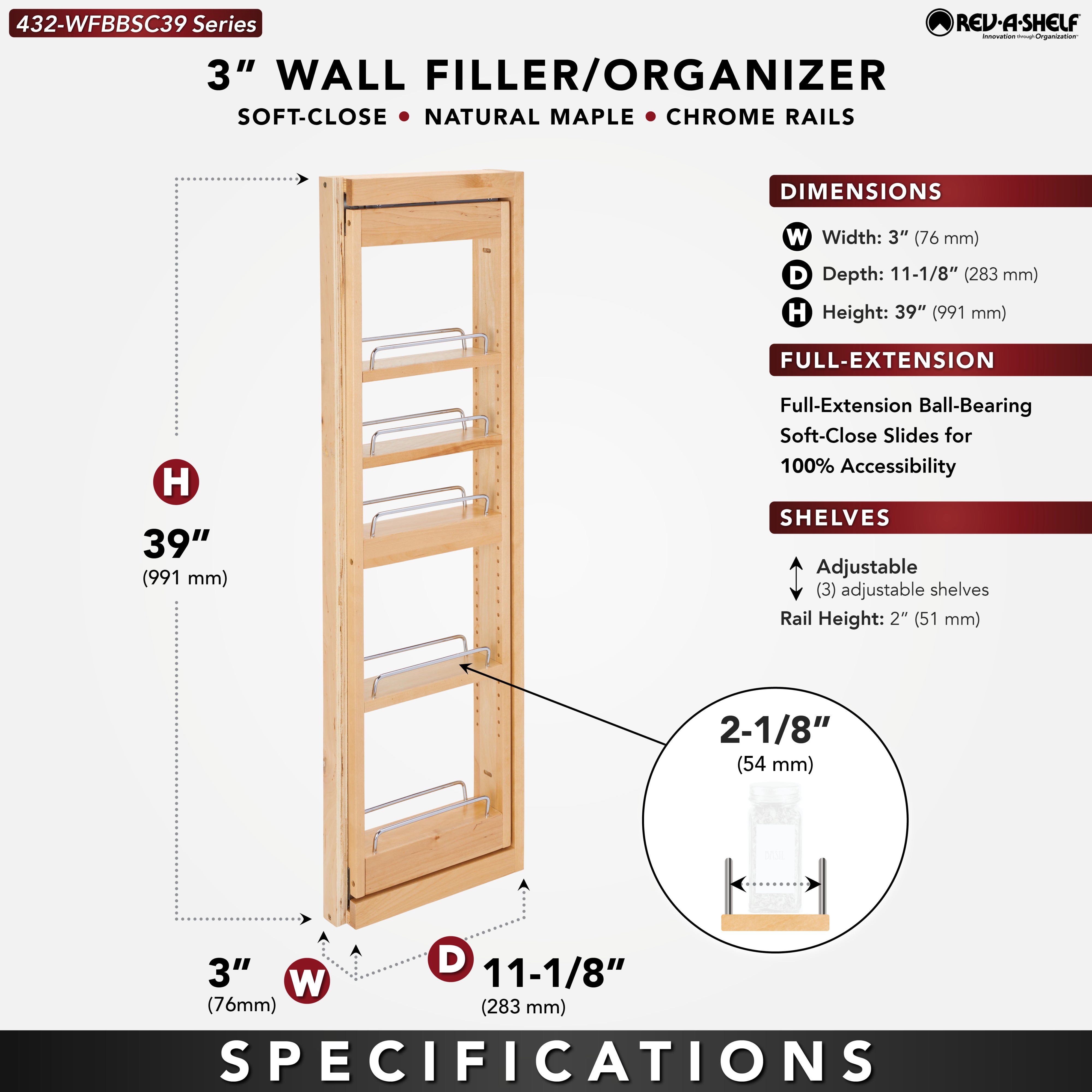 Rev-A-Shelf 3" Pullout Wall Filler w/ Soft-close, 39" Height, 432-WFBBSC39-3C - VMInnovations