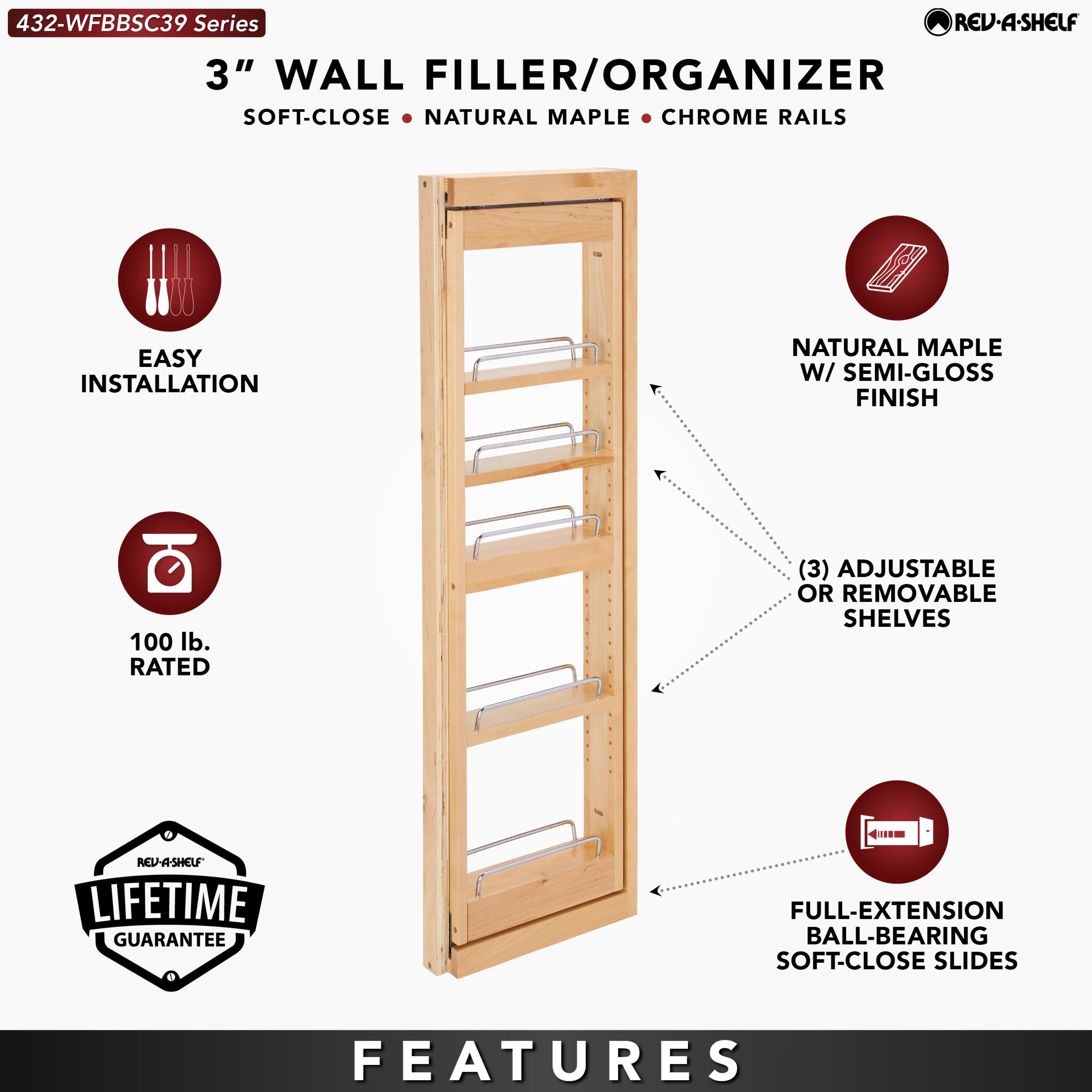 Rev-A-Shelf 3" Pullout Wall Filler w/ Soft-close, 39" Height, 432-WFBBSC39-3C - VMInnovations