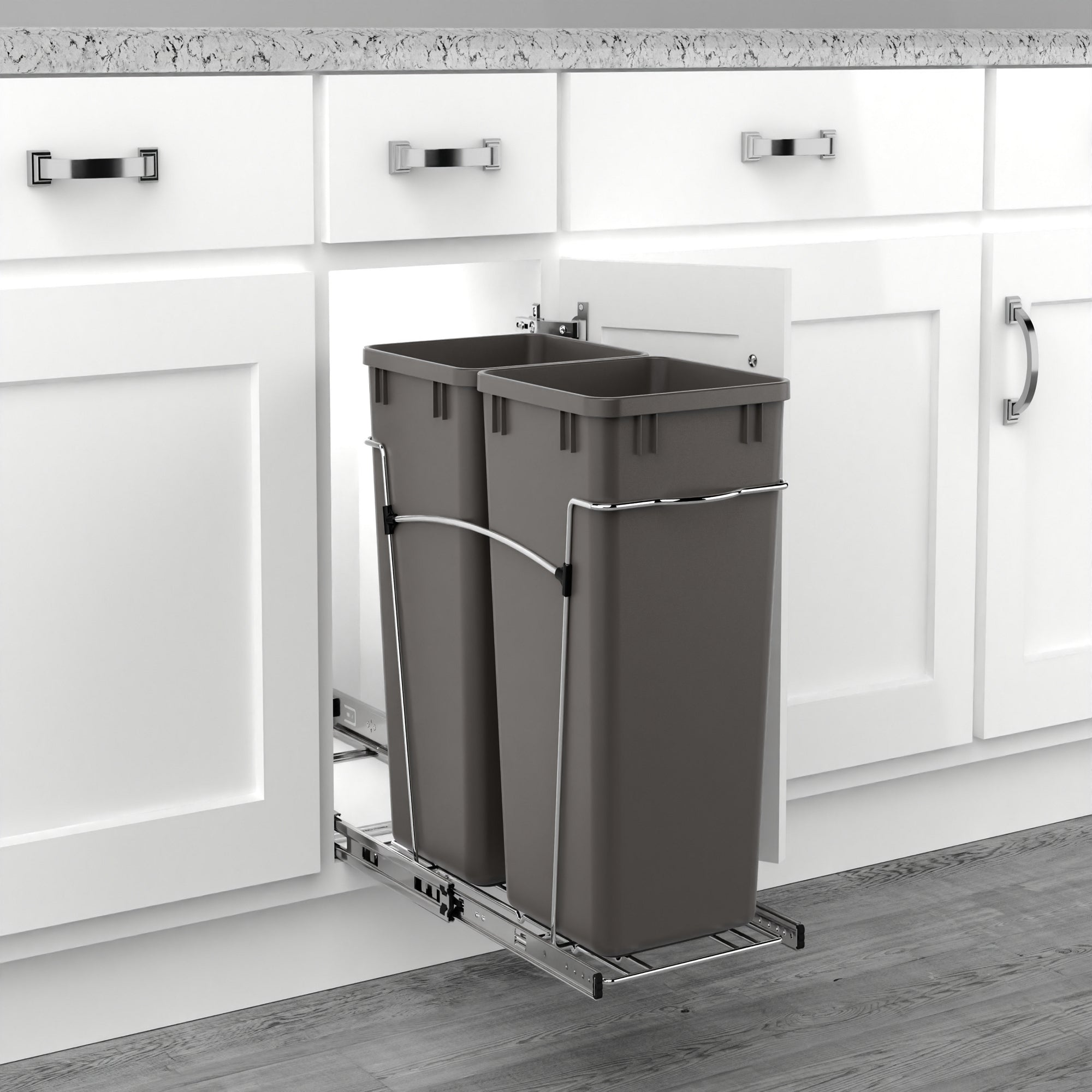 Rev-A-Shelf Double Pullout Trash Can 27 qt. for Kitchen, Gray, RV-15KD-13C-S - VMInnovations