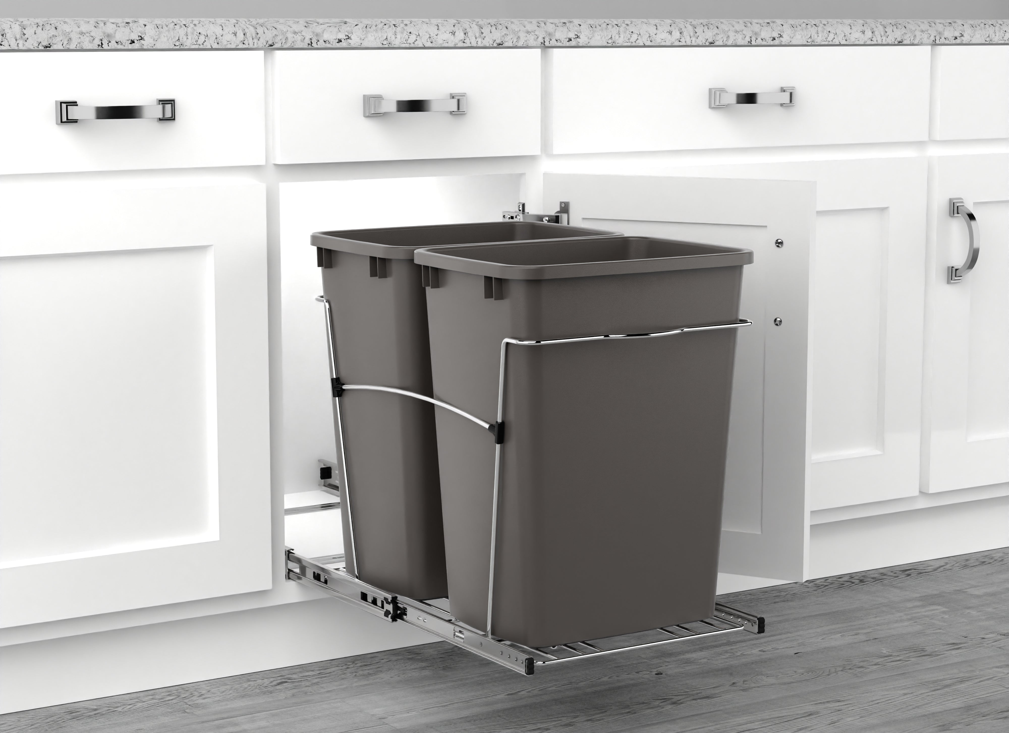 Rev-A-Shelf Double Pullout Trash Can 35 qt. for Kitchen, Gray, RV-18KD-13C-S - VMInnovations