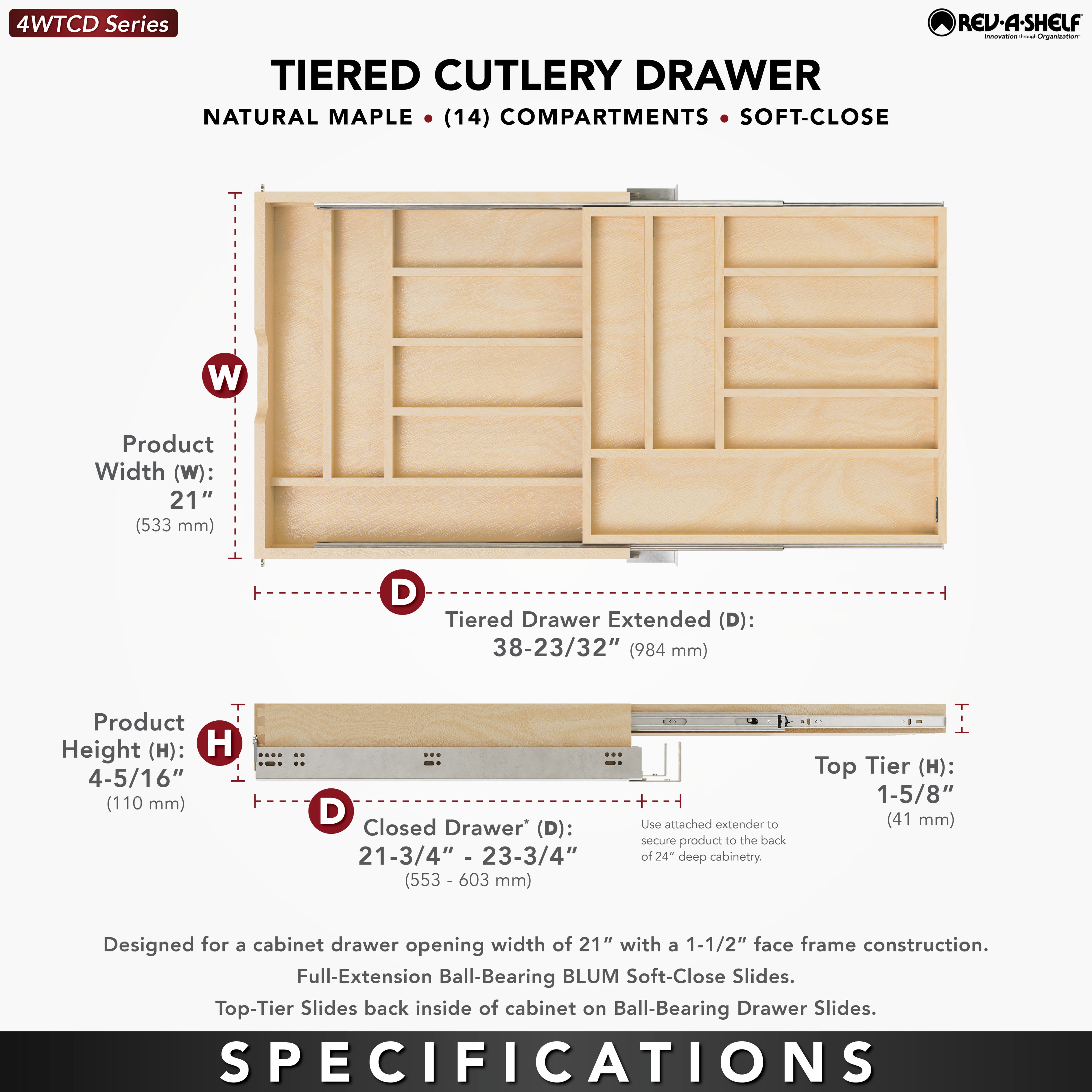 Rev-A-Shelf 21'' Tiered Cutlery Organizer with BLUM Soft-Close, 4WTCD-24HSC-1