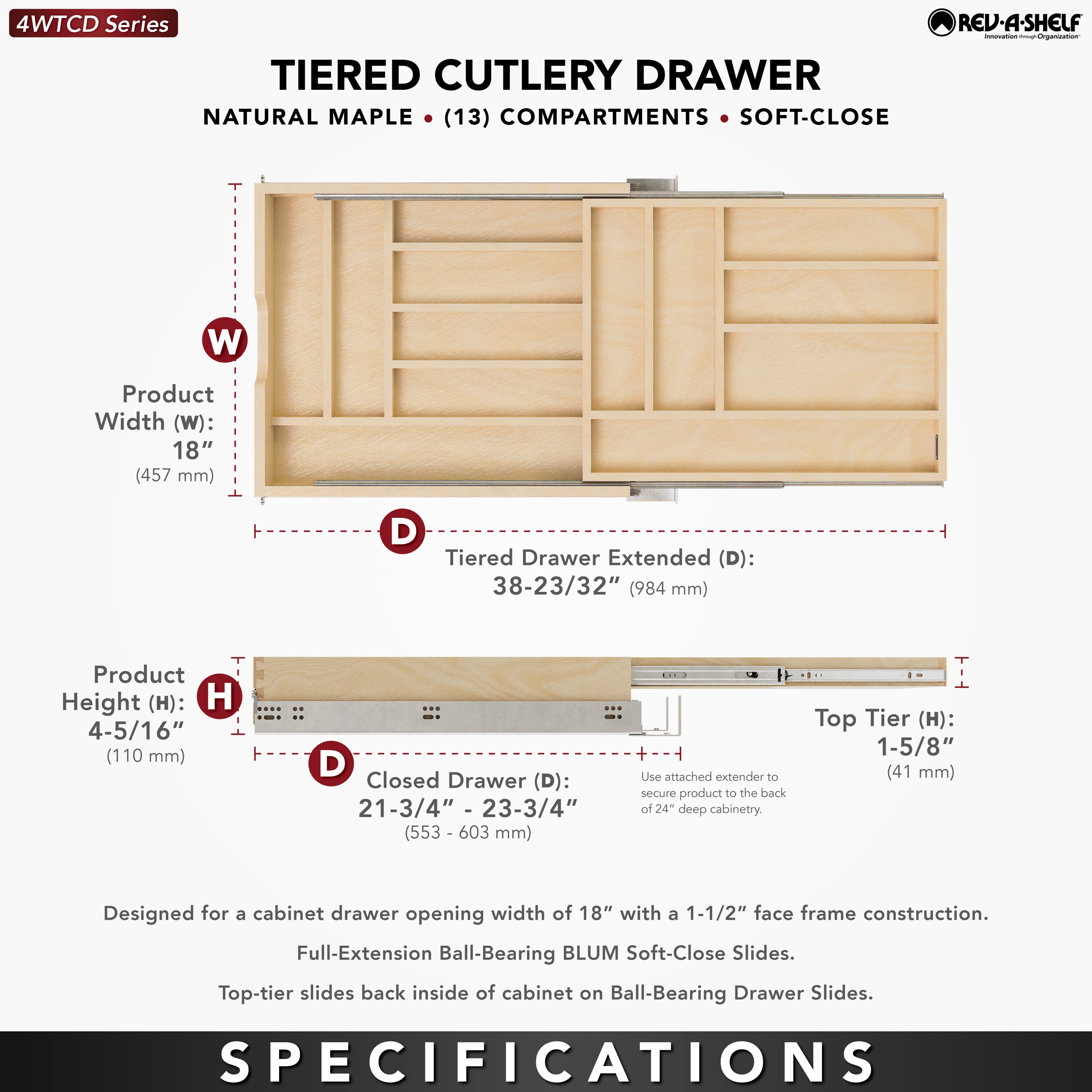 Rev-A-Shelf Two-Tier Cutlery Drawer System w/ BLUM Soft-Close, 4WTCD-21HSC-1