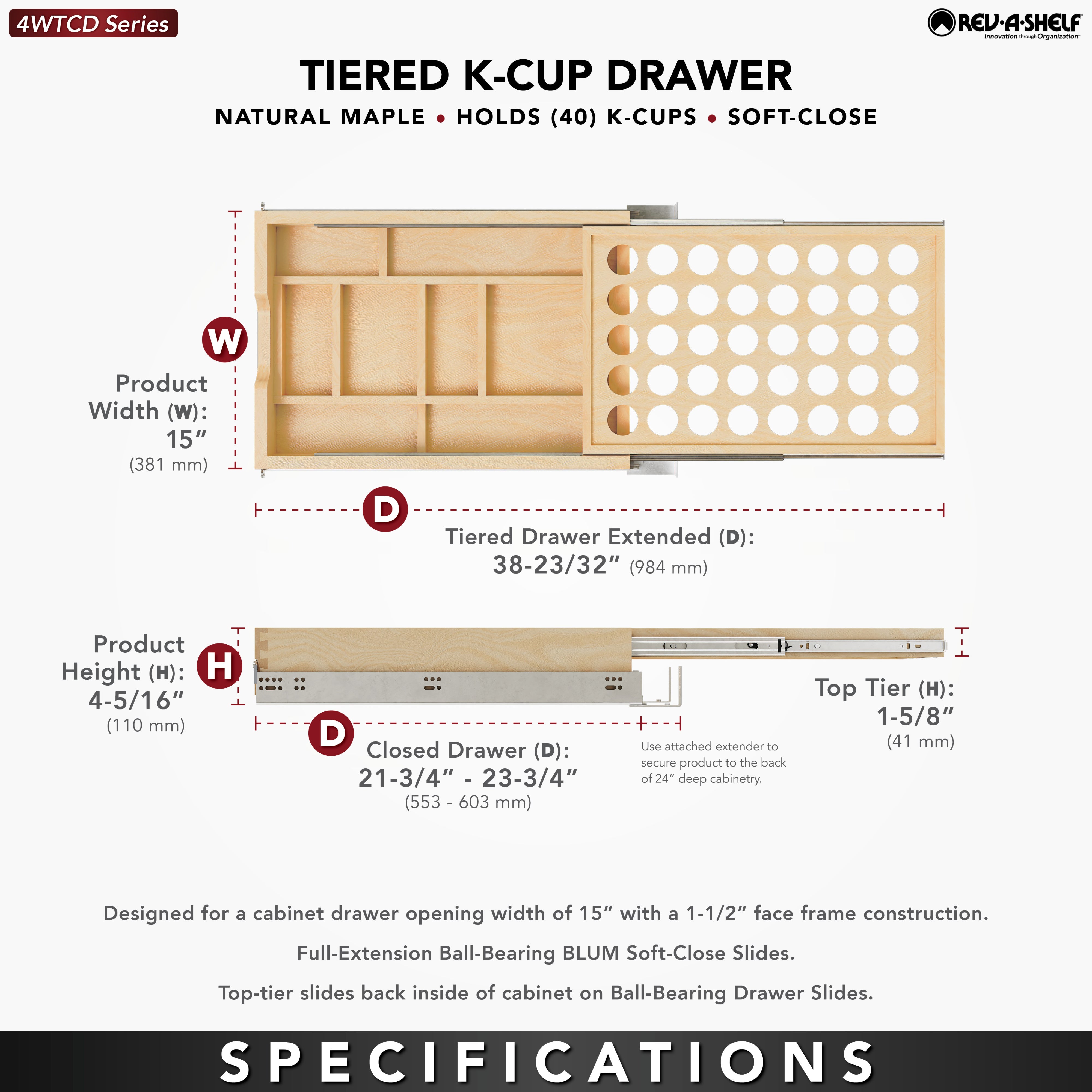 Rev-A-Shelf 15'' Tiered K-Cup Drawer Organizer w/ Soft-close, 4WTCD-18HSC-KCUP-1