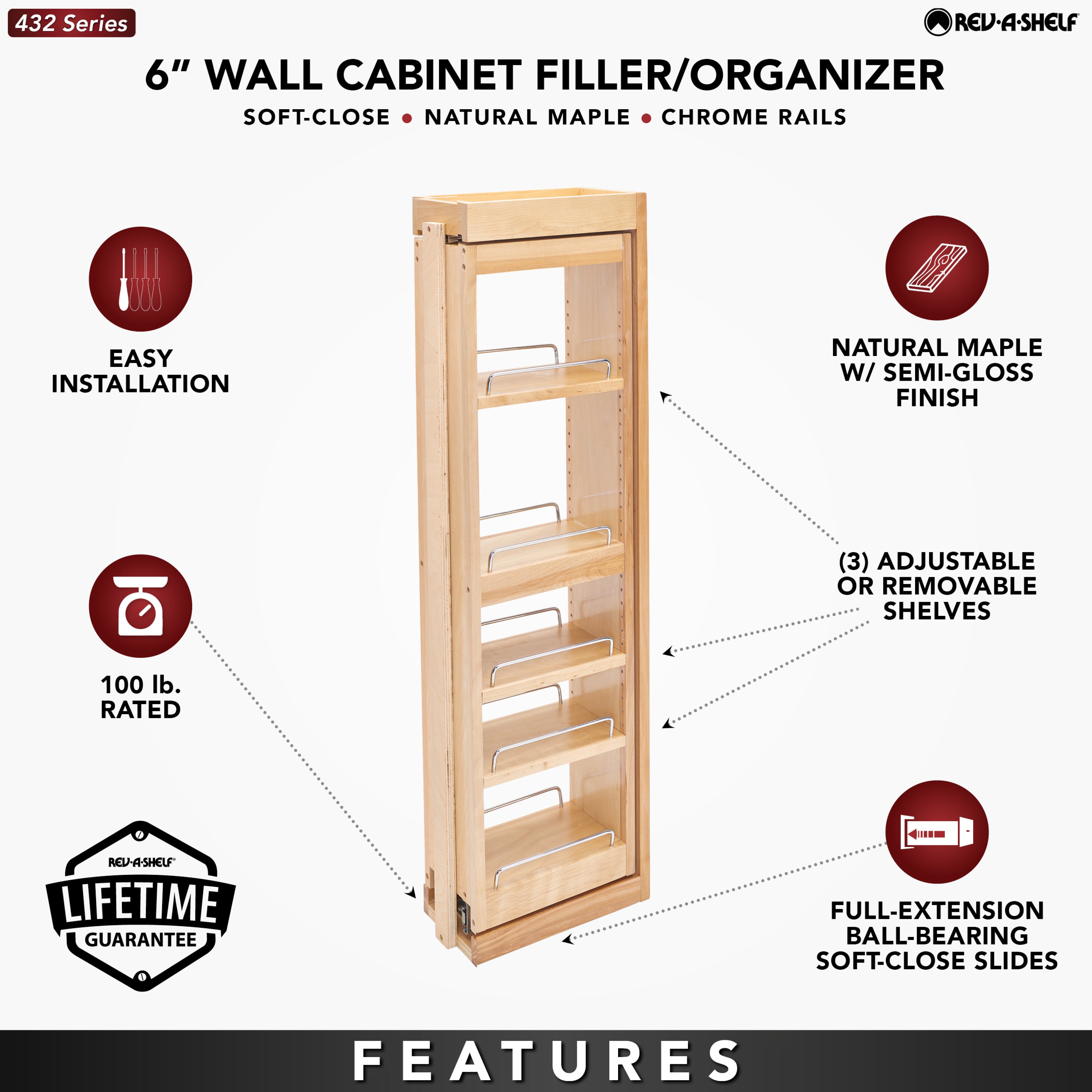 Rev-A-Shelf 6" Pullout Wall Filler w/ Soft-close, 39" Height, 432-WFBBSC39-6C - VMInnovations