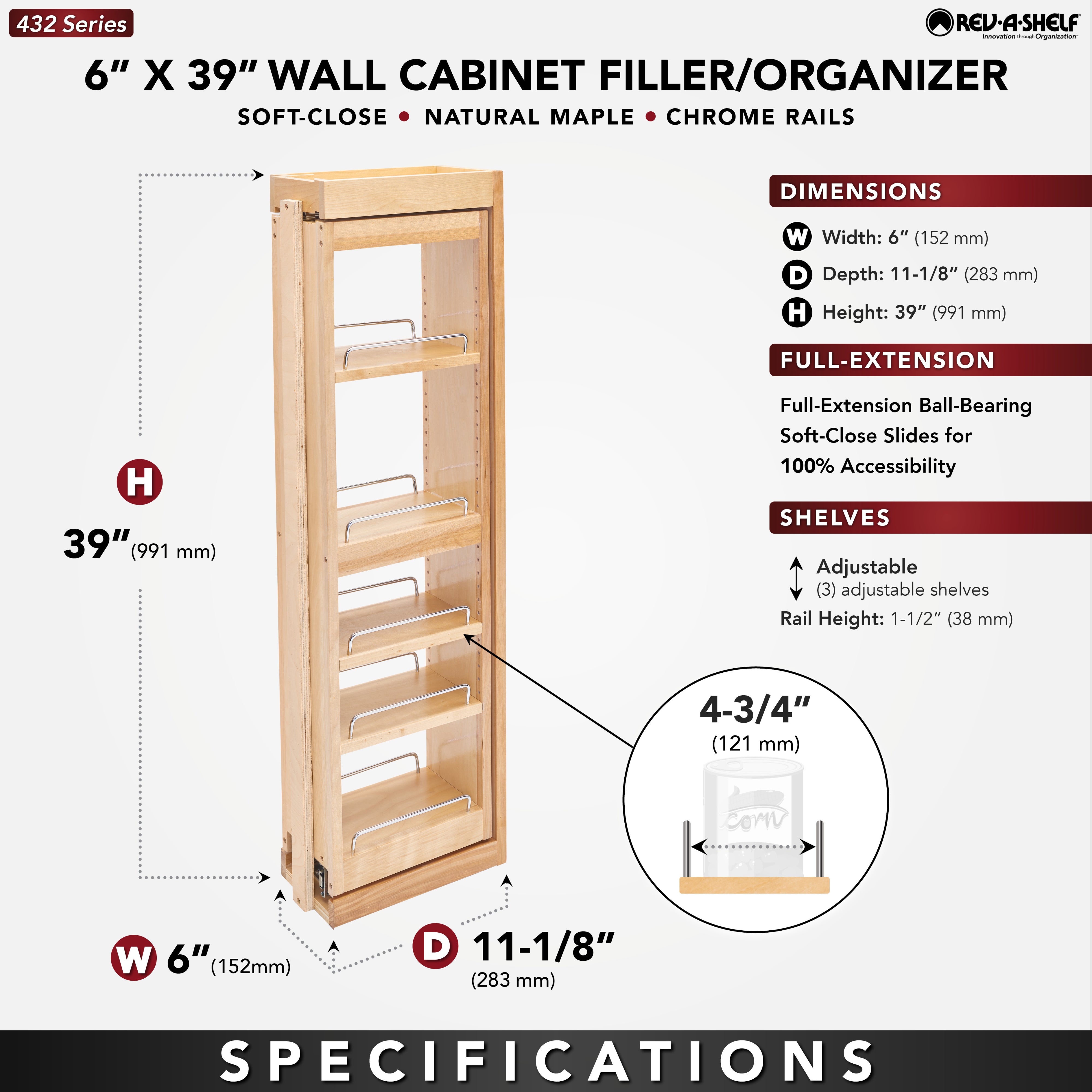 Rev-A-Shelf 6" Pullout Wall Filler w/ Soft-close, 39" Height, 432-WFBBSC39-6C - VMInnovations