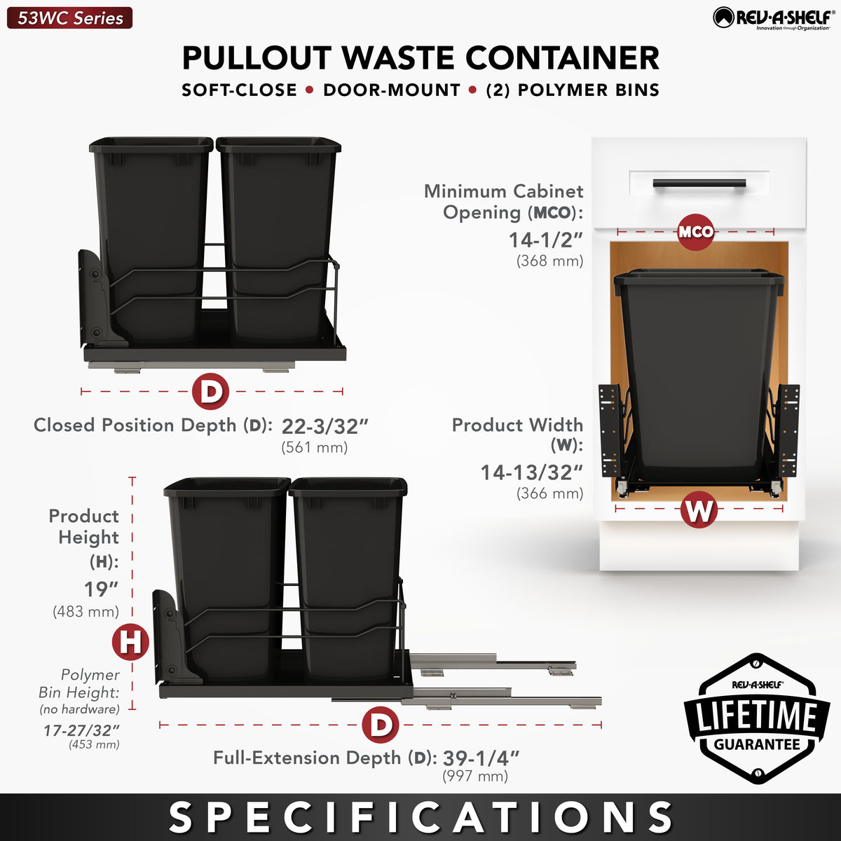 Rev-A-Shelf Double Pullout Kitchen Trash Can 35 qt. Soft-Close 53WC-1835SCDM-218