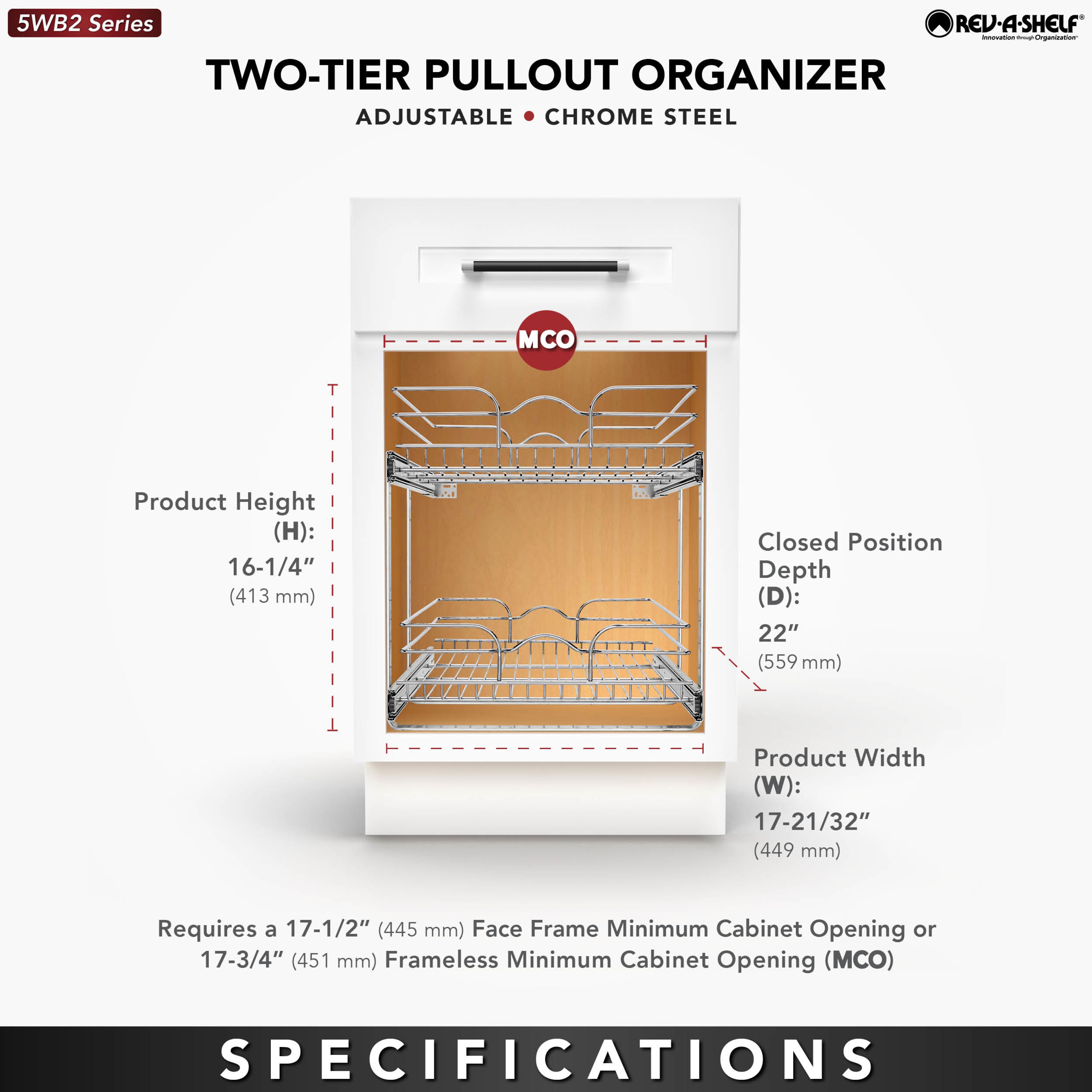 Rev-A-Shelf Pullout 2-Tier Basket Organizer for Kitchen or Vanity Cabinets, 18 x 22 In, 5WB2-1822CR-1 - VMInnovations