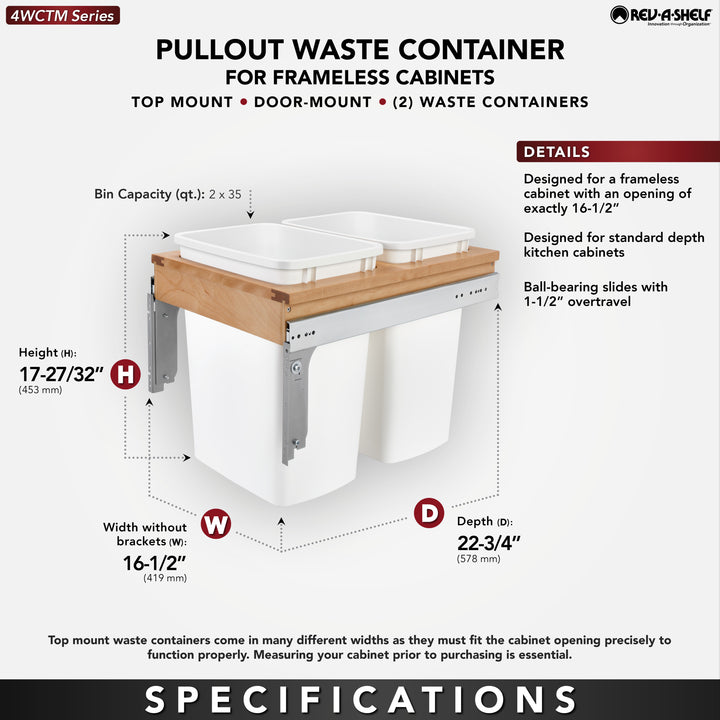 Rev-A-Shelf Double Pullout Top Mount Trash Can, 35 qt., 4WCTM-18DM2-419-FL