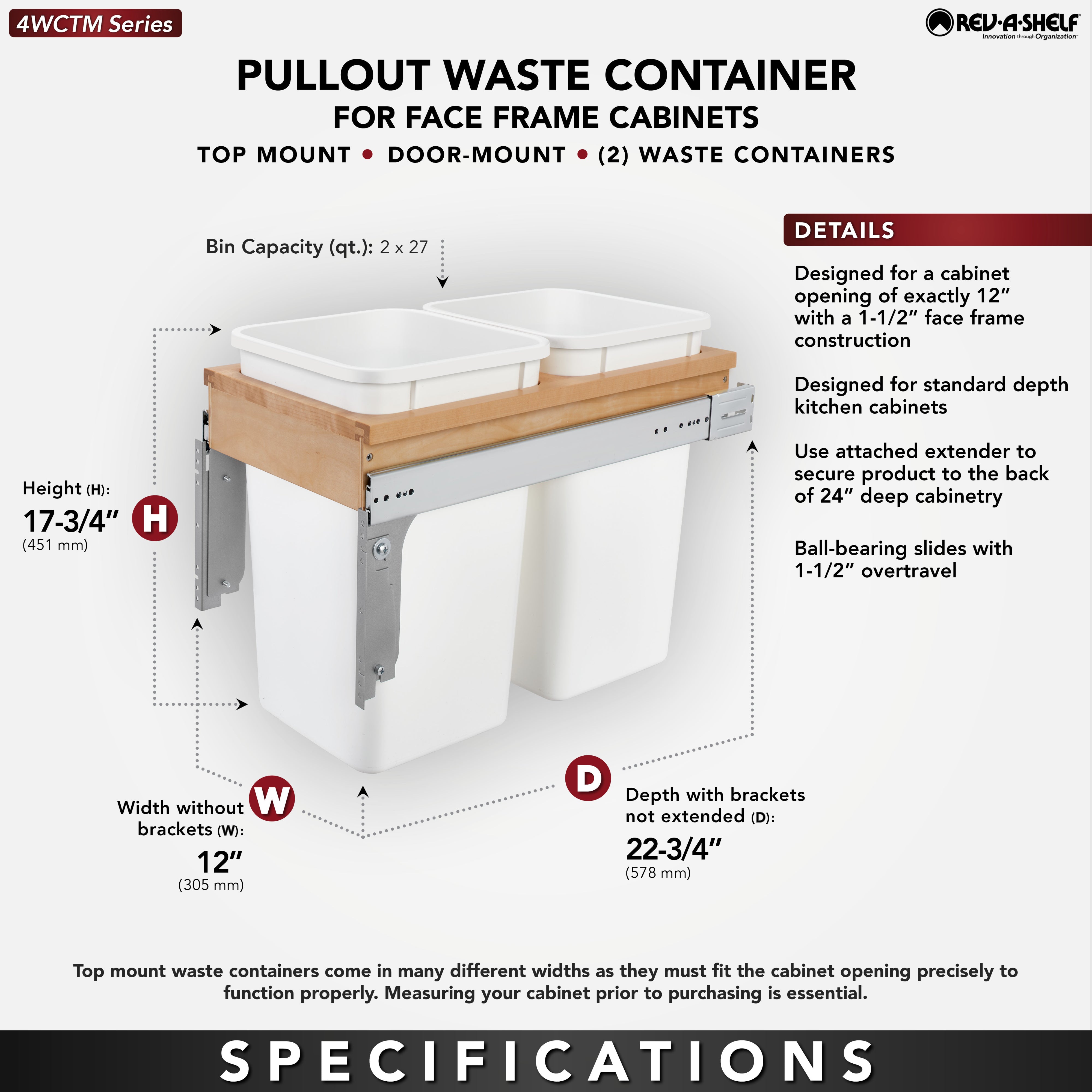 Rev-A-Shelf Double 27 Qt Pull Out Top Mount Trash Container, White (Used)