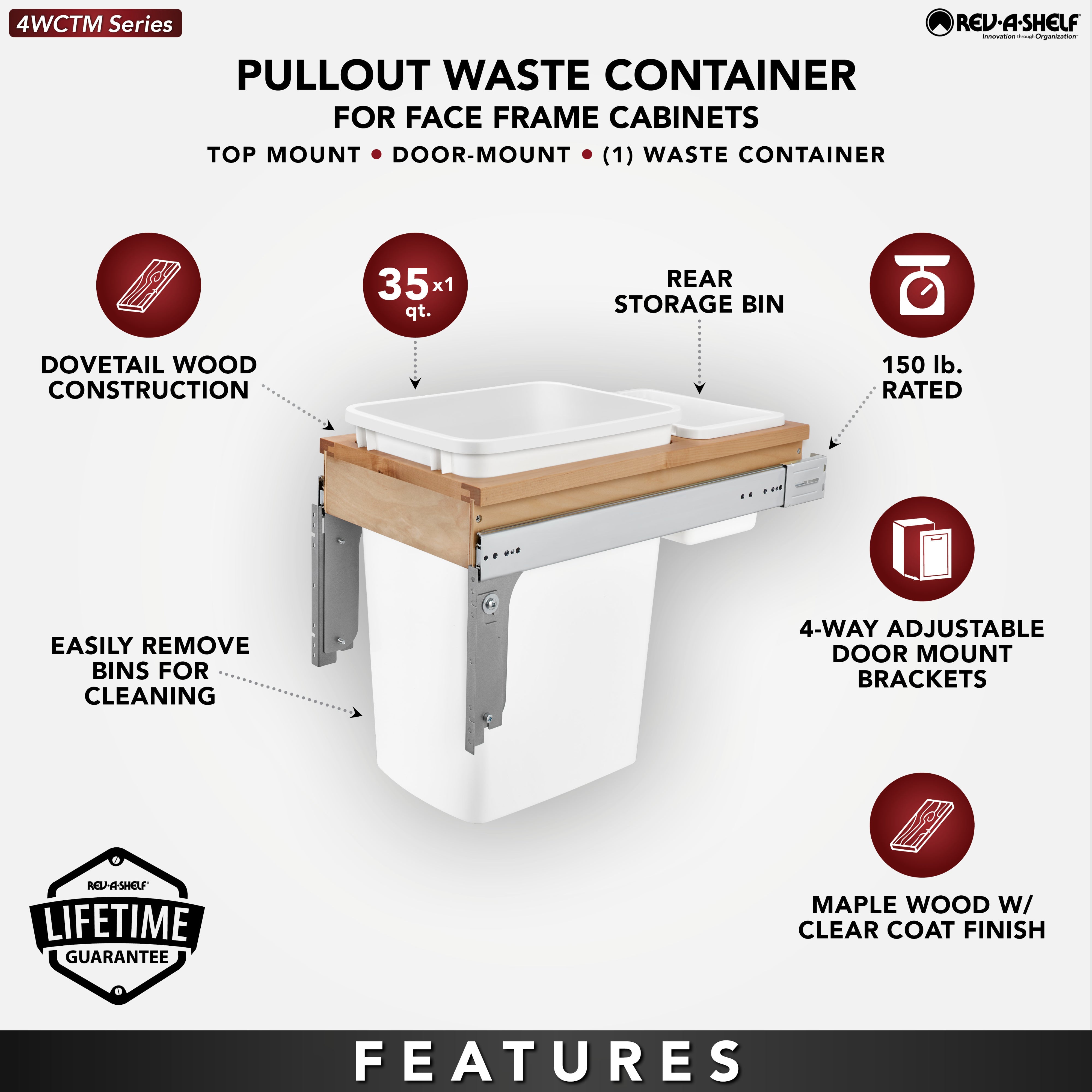 Rev-A-Shelf 4WCTM-12DM1 35-Quart Pullout Waste Container Bin, White (Open Box) - VMInnovations