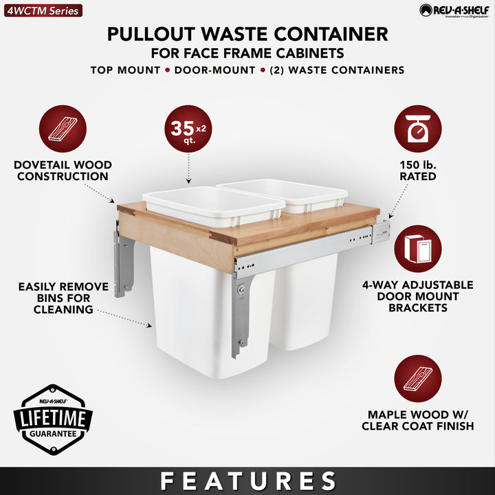 Rev-A-Shelf Double Pullout Top Mount Trash Cans 35 qt., White, 4WCTM-24DM2-162