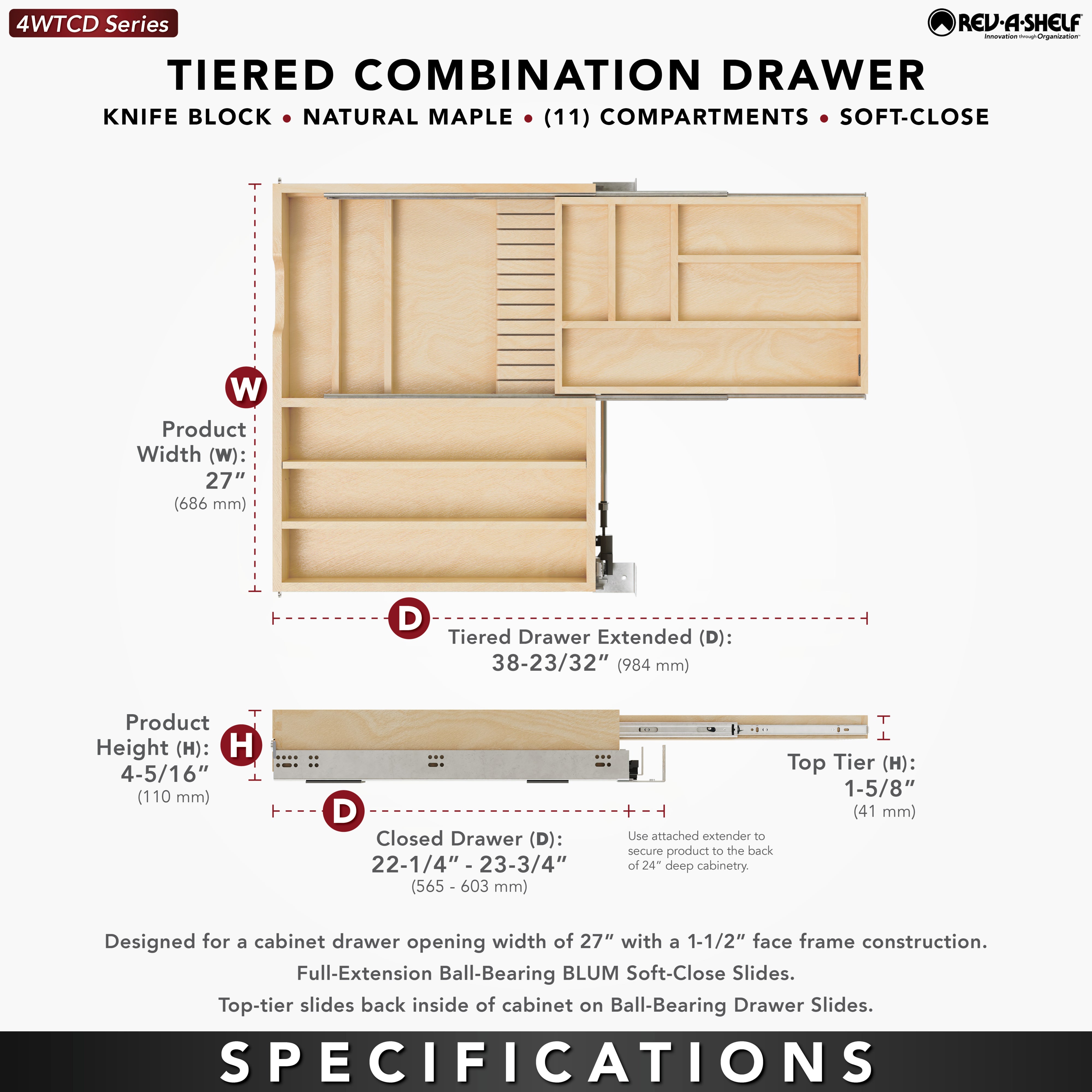 Rev-A-Shelf Maple Two-Tier Combo Drawer System w/BLUM Soft-Close, 4WTCD-30HSC-1