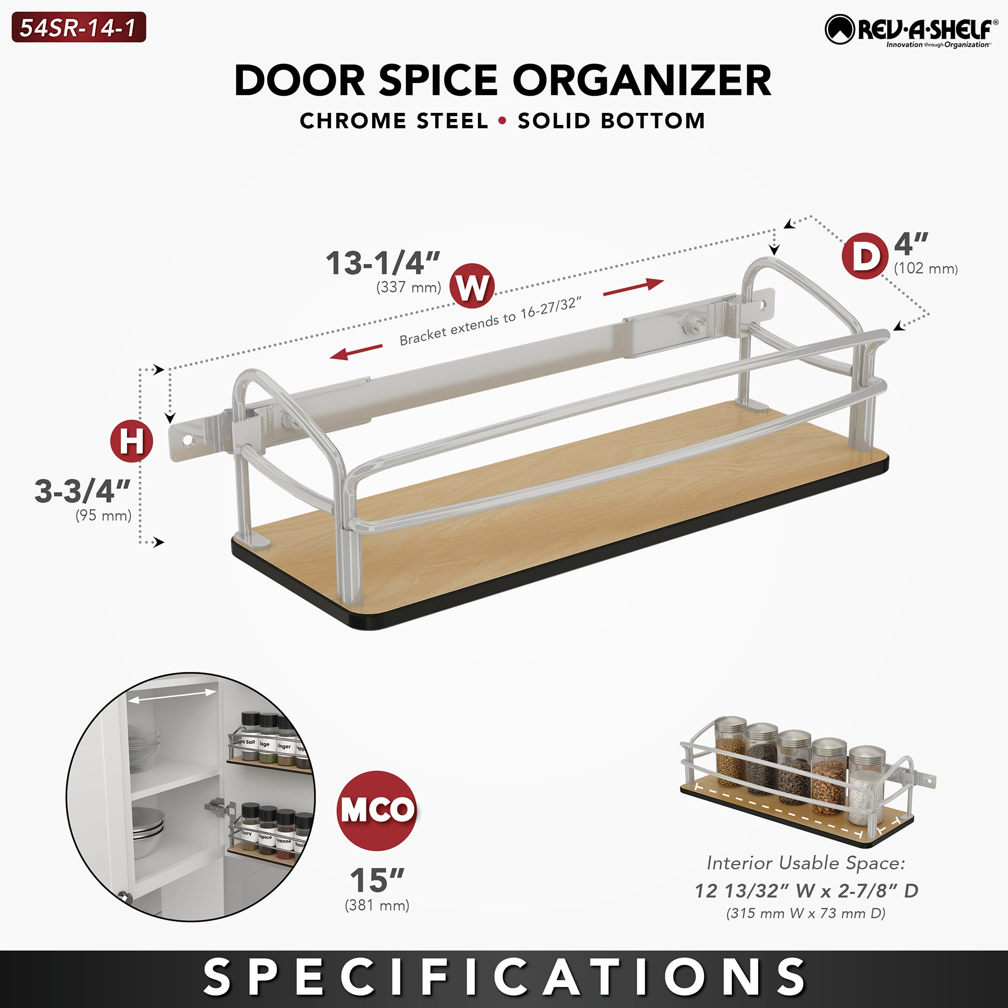 Rev-A-Shelf Steel Door/Wall Mount Spice Rack Pantry Shelf Organizer, 54SR-14-1
